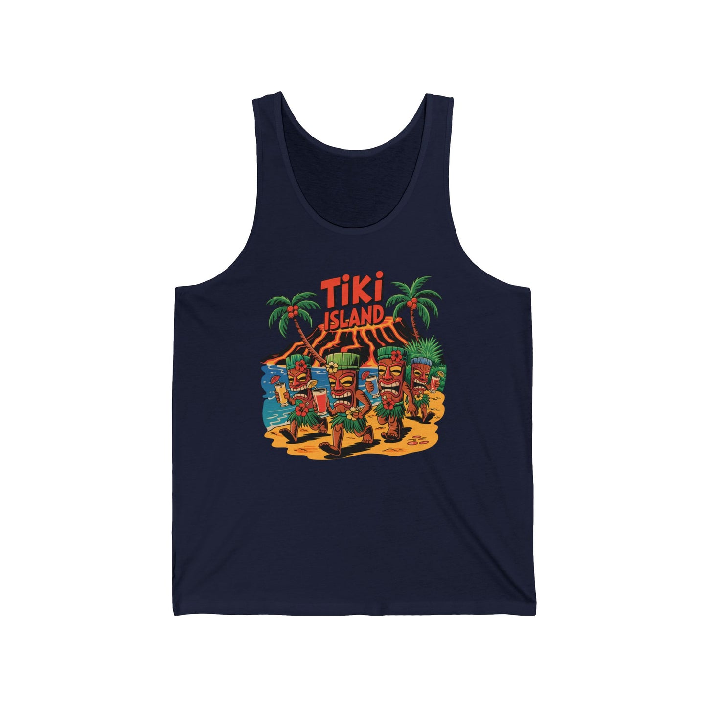 The Tiki Island Unisex Jersey Tiki Tank Top features a vibrant tiki statue design with palm trees and ocean waves, plus bold Tiki Island text—perfect for adding a tropical summer vibe to your casual wardrobe.