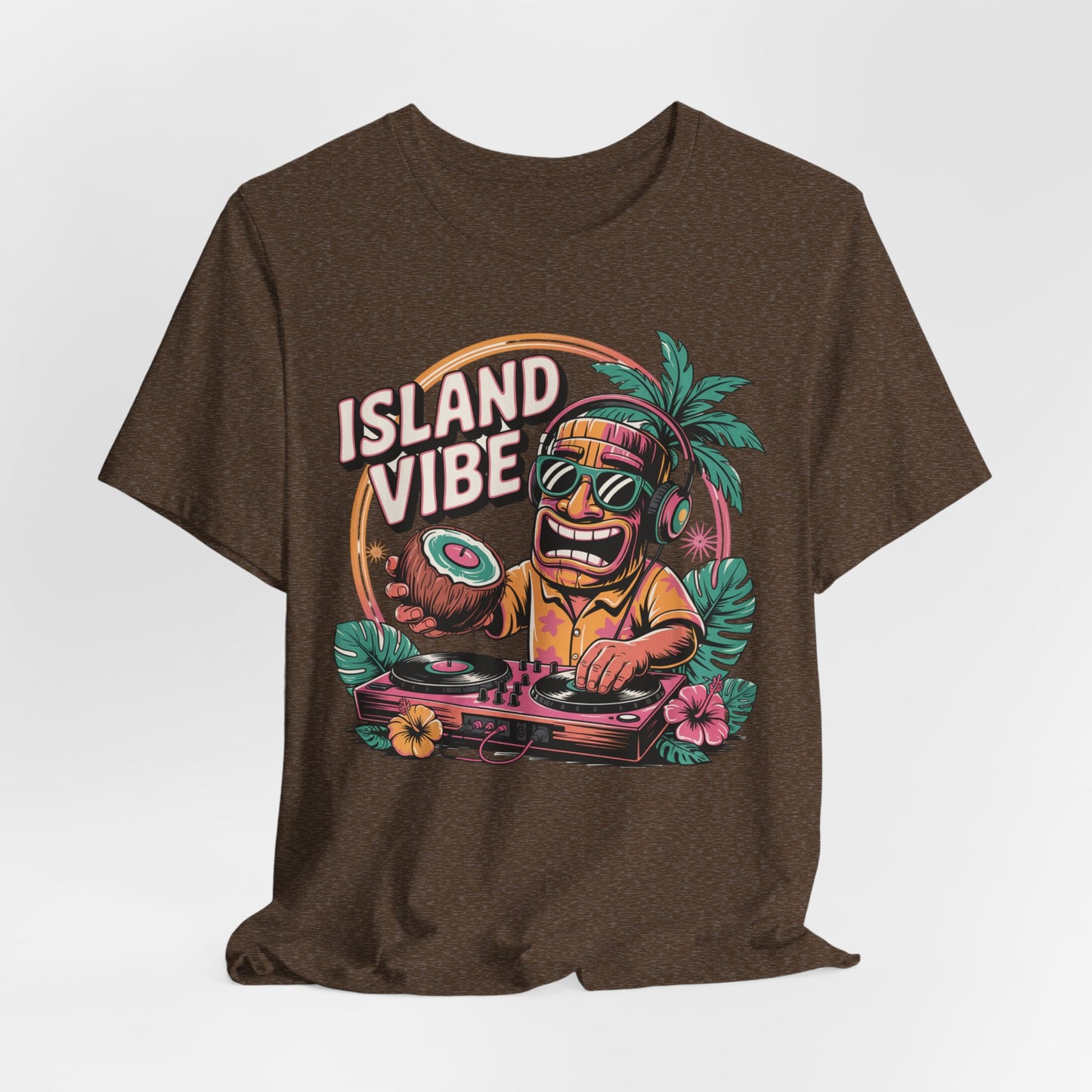 The Island Vibe DJ Short Sleeve Tiki T-Shirt for Music Lovers features a soft Airlume cotton unisex fit, with a cartoon tiki DJ, tropical flowers, palm leaves, and “ISLAND VIBE” text—perfect for summer gatherings.