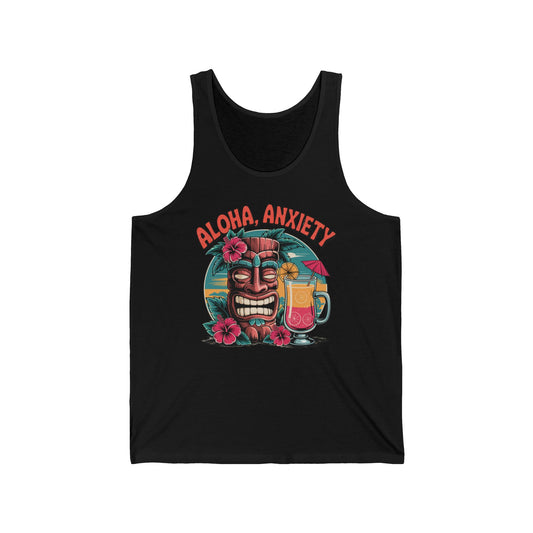 The Aloha Anxiety Unisex Jersey Tank – Relaxed Summer Vibes Shirt showcases a vibrant tiki head with tropical flowers and a drink, plus bold red ALOHA, ANXIETY text. Lightweight and breathable—ideal for summer getaways.
