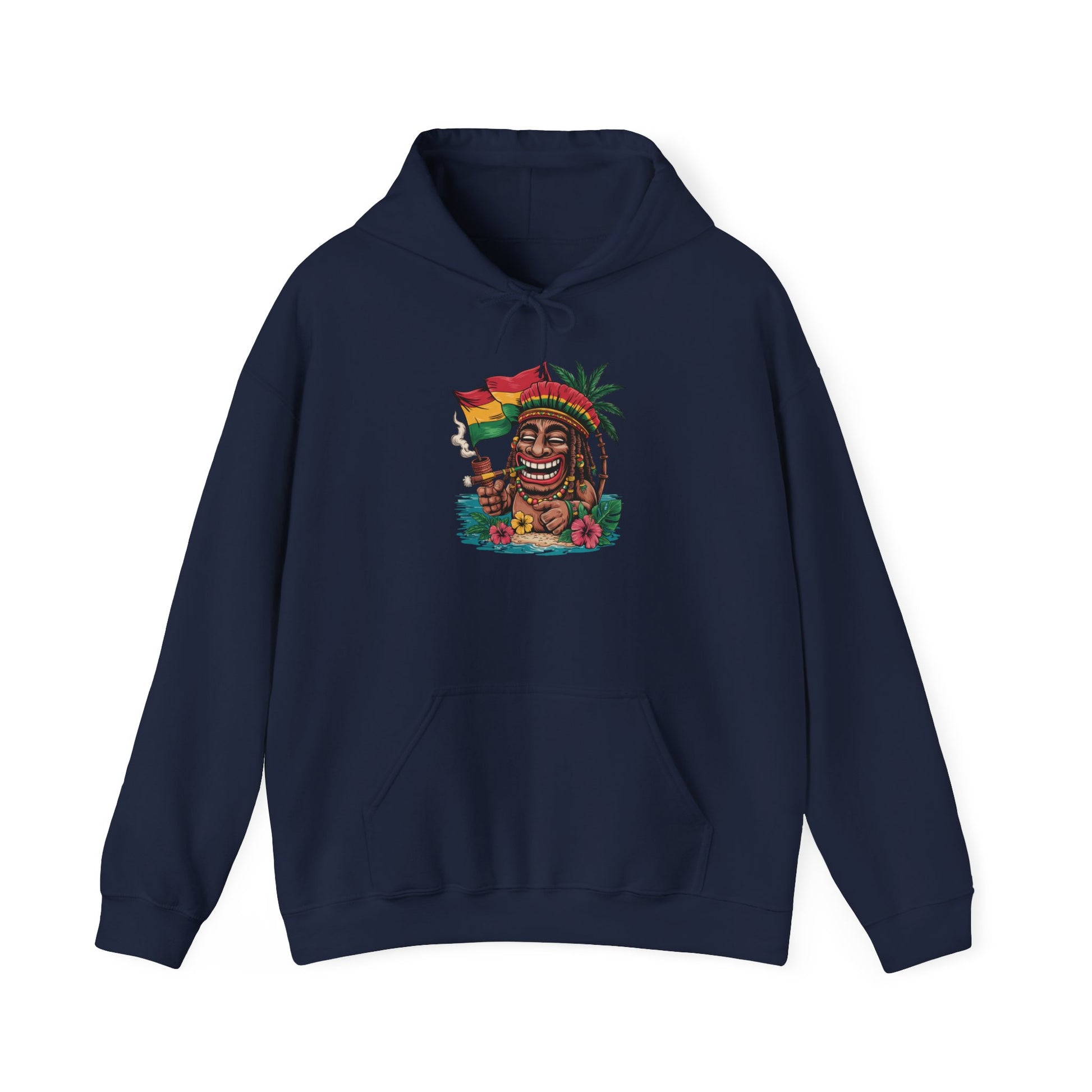 The Tropical Vibe Tiki Hoodie - Unisex Heavy Blend™ Hooded Sweatshirt features a navy blue island design with a colorful, smiling figure in front of a red, yellow, and green flag—ideal for tropical-themed events and island vibes.