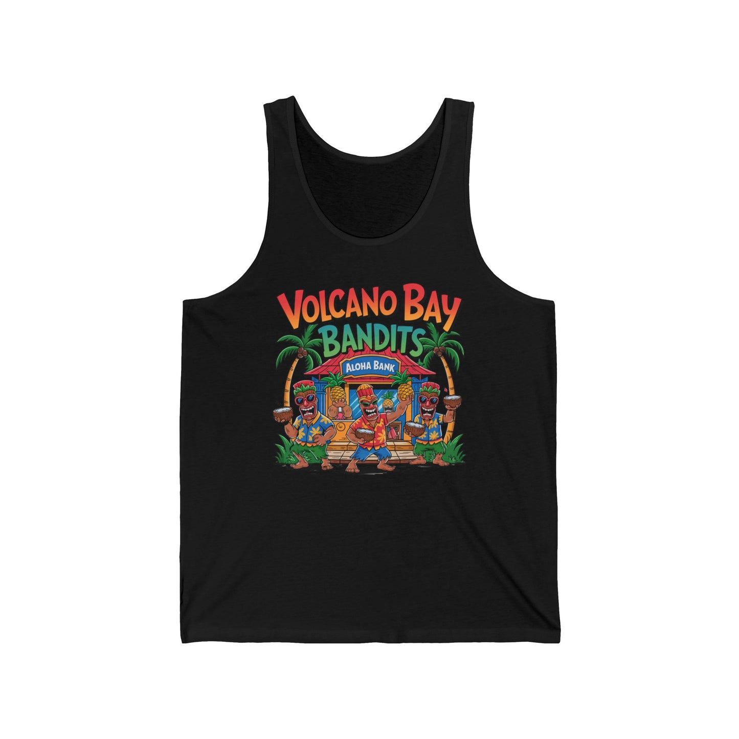 Show off your laid-back style with the Volcano Bay Bandits Unisex Jersey Tiki Tank Top, featuring vibrant cartoon bandits in tropical attire at a tiki hut with palm trees and Volcano Bay Bandits Aloha Band text—perfect for casual parties.