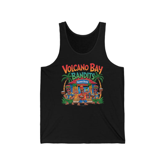 Show off your laid-back style with the Volcano Bay Bandits Unisex Jersey Tiki Tank Top, featuring vibrant cartoon bandits in tropical attire at a tiki hut with palm trees and Volcano Bay Bandits Aloha Band text—perfect for casual parties.