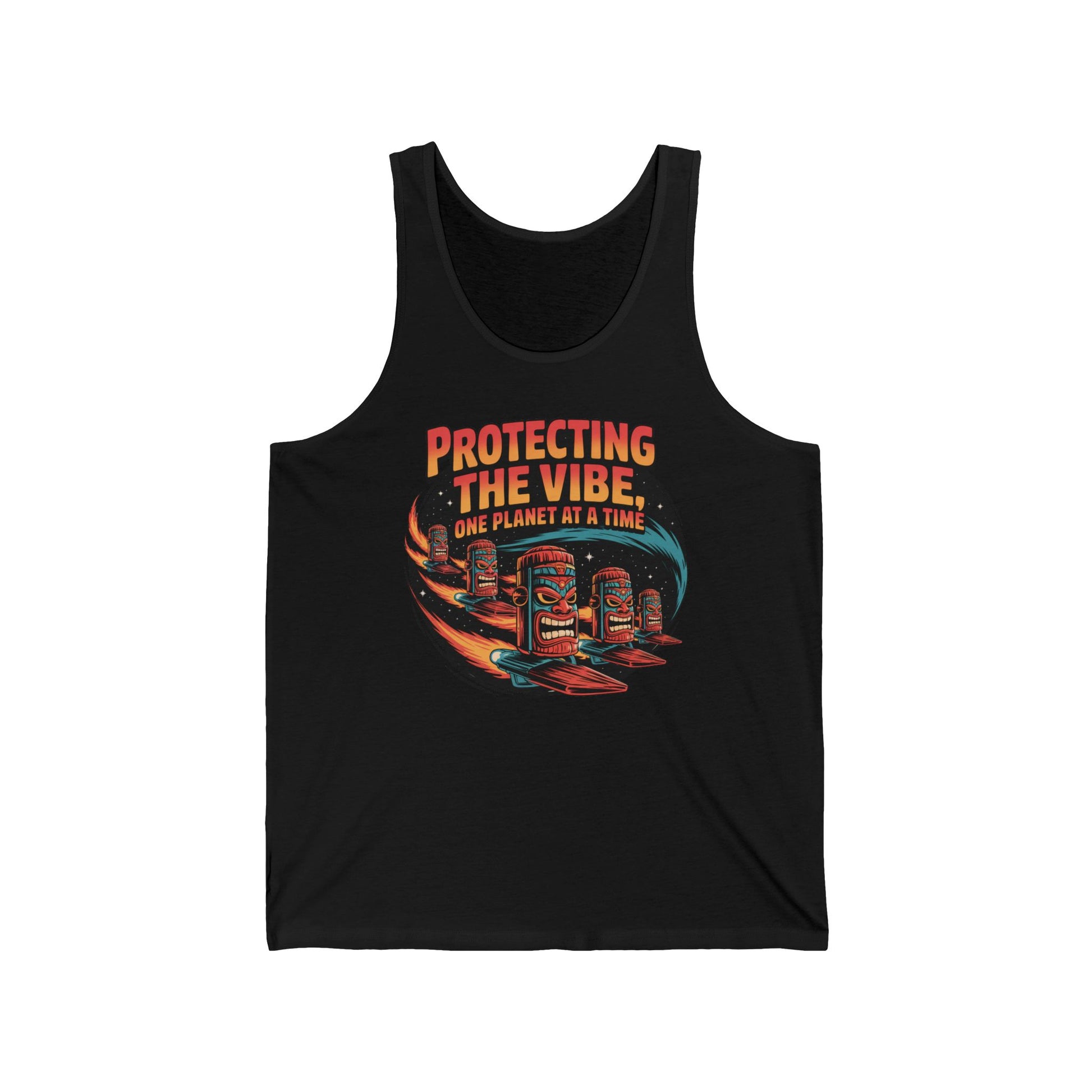 The Protecting The Vibe Unisex Jersey Tiki Tank Top is an eco-friendly graphic tee with ultra-soft fabric, colorful tiki masks, and bold orange and yellow text—ideal for adding stylish comfort to your summer wardrobe.