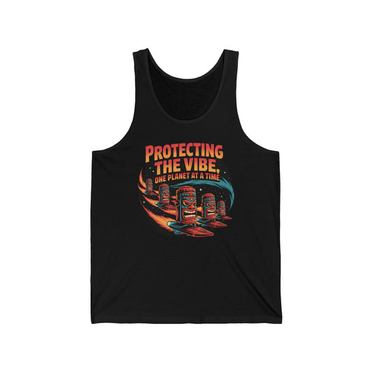 The Protecting The Vibe Unisex Jersey Tiki Tank Top is an eco-friendly graphic tee with ultra-soft fabric, colorful tiki masks, and bold orange and yellow text—ideal for adding stylish comfort to your summer wardrobe.