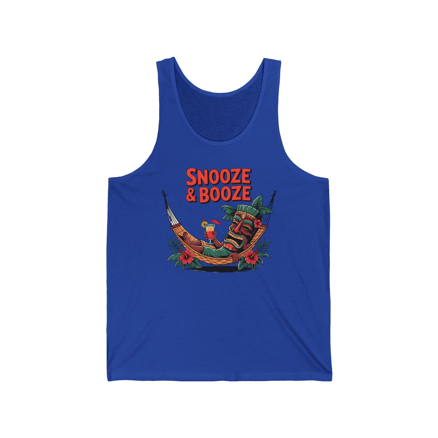The Snooze & Booze Unisex Jersey Tiki Tank Top is made from lightweight fabric, with a vibrant hammock-and-tiki graphic and bold orange SNOOZE & BOOZE text—perfect for beach days, parties, or summer festivals.