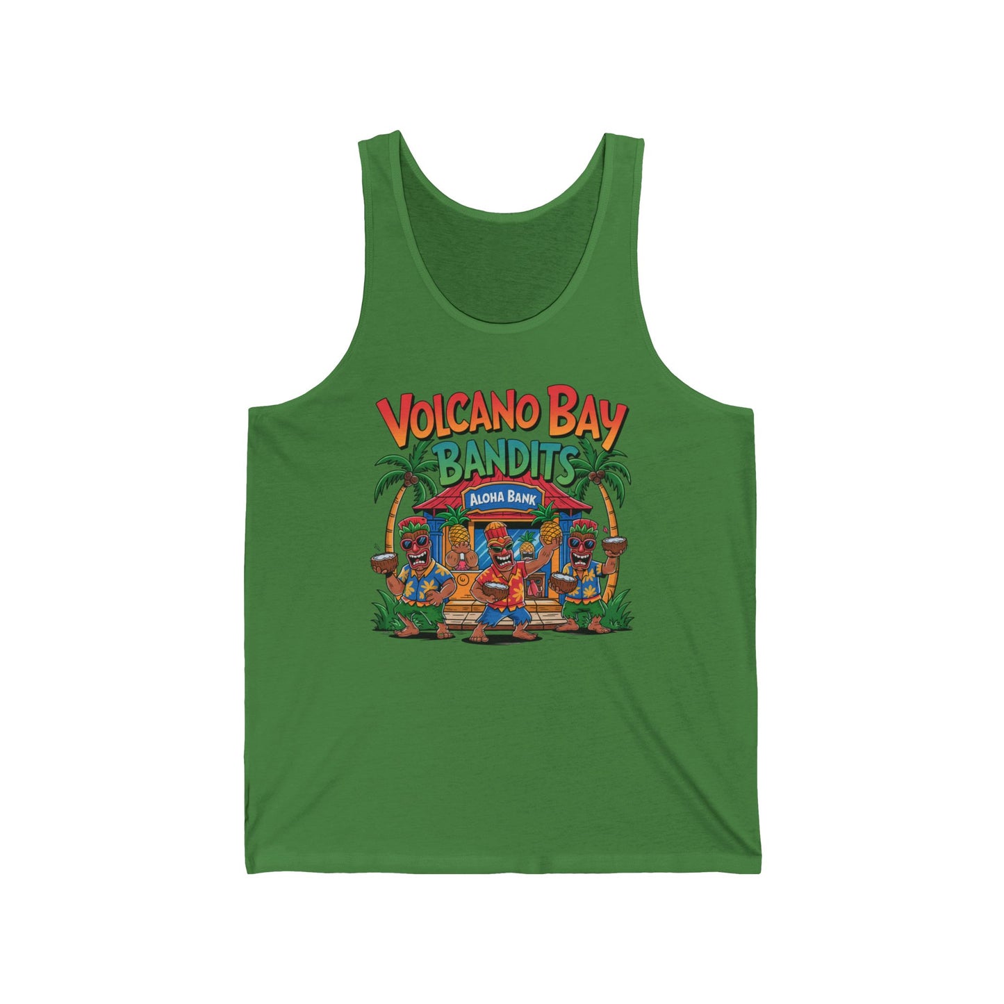 The Volcano Bay Bandits Unisex Jersey Tiki Tank Top showcases bright graphics of four cartoon characters in sunglasses and tropical attire by a tiki hut, topped with Volcano Bay Bandits—ideal for casual parties or summer fun.