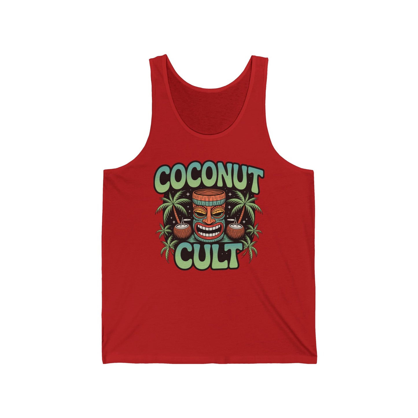 The Coconut Cult Unisex Jersey Tiki Tank Top features bold Coconut Cult text, a vibrant tiki mask, and coconuts with palm trees—perfect for tropical vibes and vacations.