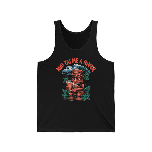 Stay stylish and comfy in the Mai Tai Me A River Unisex Jersey Tiki Tank Top, featuring a cartoon tiki with a drink, green leaves, and bold red text. Perfect lightweight summer vibe T-shirt for any occasion.