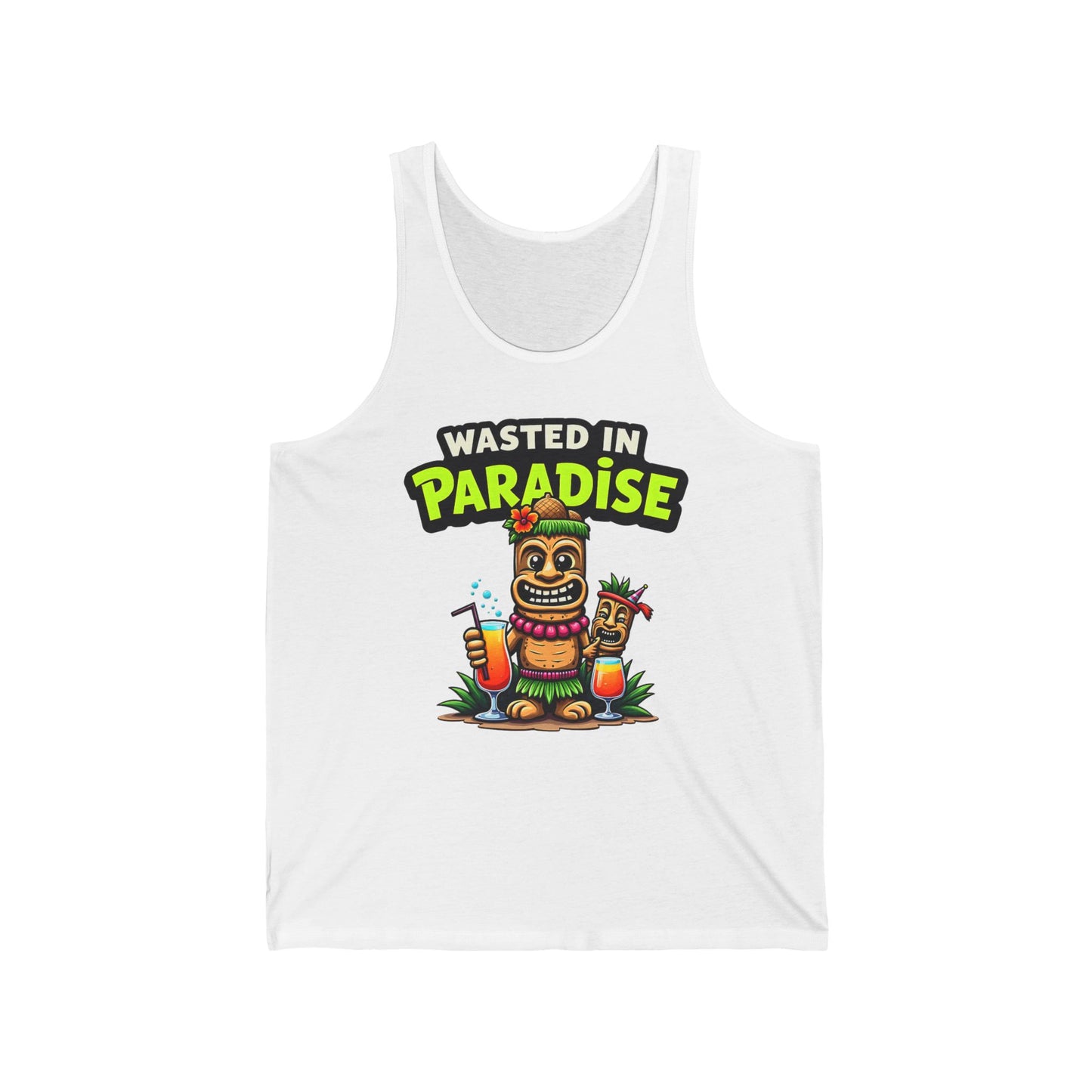 The Wasted in Paradise Unisex Jersey Tiki Tank Top features a vibrant tiki statue with cocktails and bold WASTED IN PARADISE lettering—perfect for beach days, parties, and enjoying fun summer vibes in comfort all day.