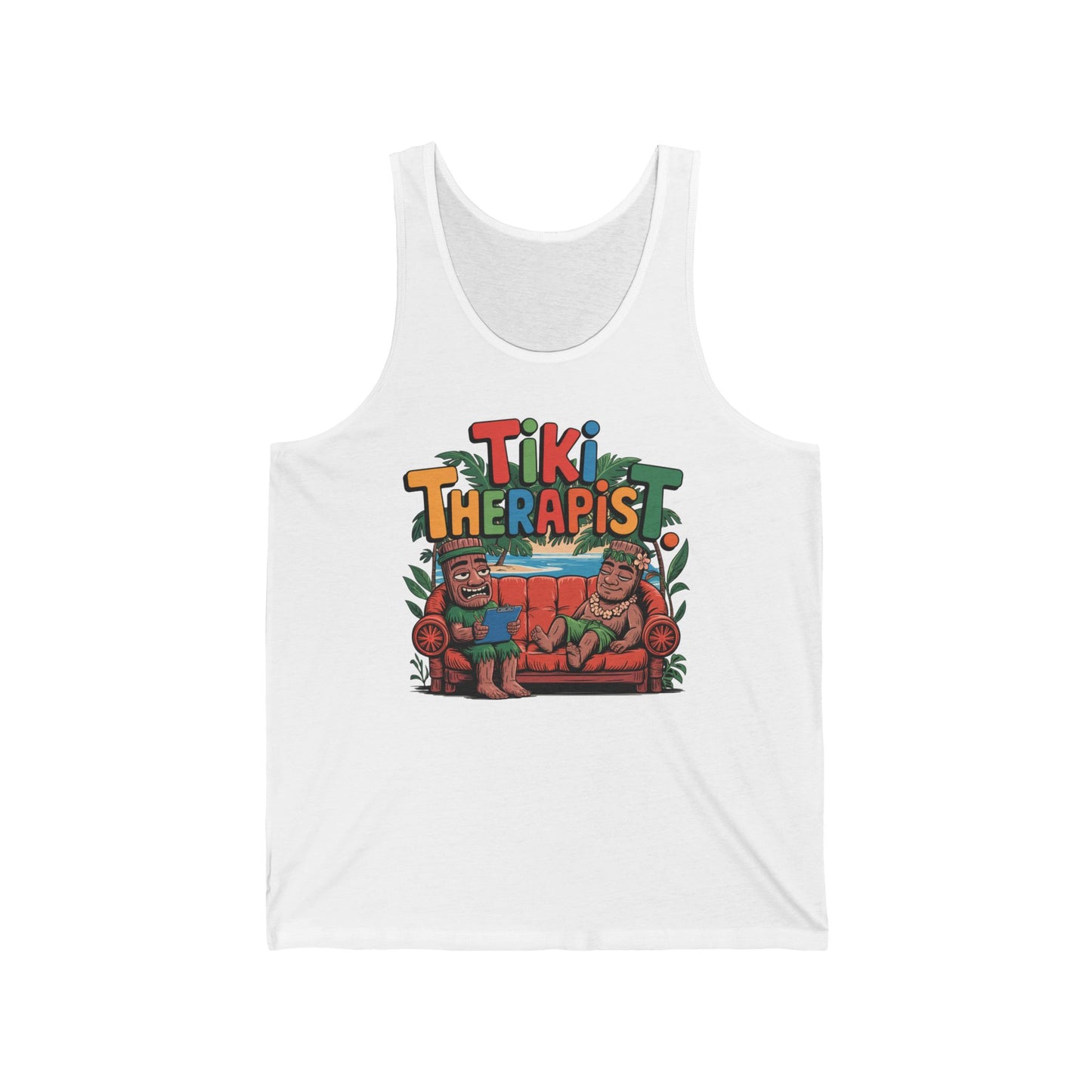 The Tiki Therapist Unisex Jersey Tiki Tank Top features a vibrant print of two tiki figures on an orange couch with bold Tiki Therapist text, crafted from a high-quality cotton blend for fun summer vibes.