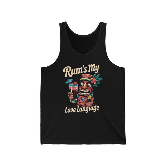 The Tropical Tiki Tank - Rums My Love Language Unisex Jersey Tank showcases a cheerful tiki with a rum cocktail, flower lei, and headband. Made from lightweight fabric, its a versatile choice for any occasion.