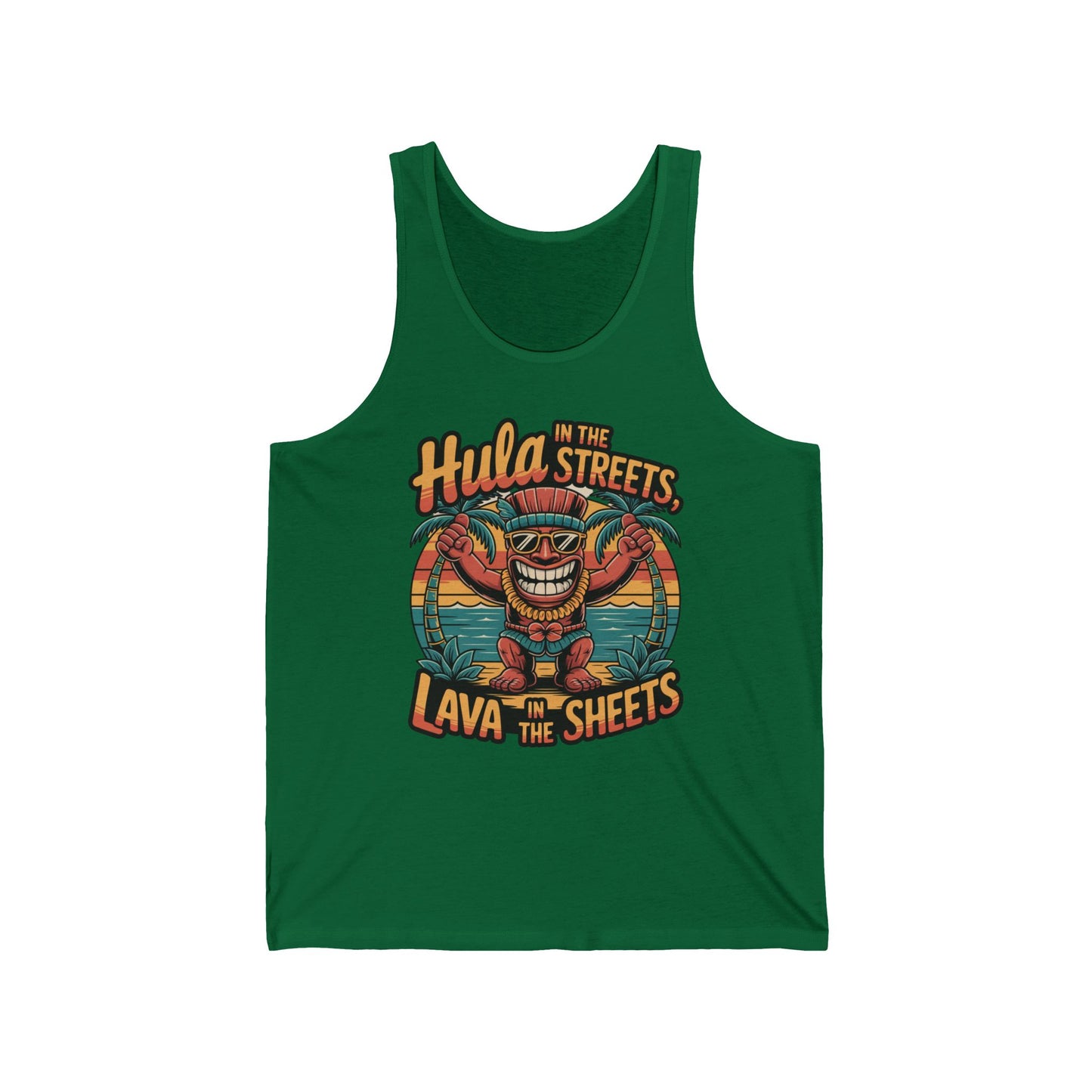 The Hula in the Streets Lava in the Sheets Unisex Jersey Tank - Summer Vibes Tank Top features a green Airlume cotton design with a cartoon tiki, tropical leaves, an orange sun, and playful summer-ready text.