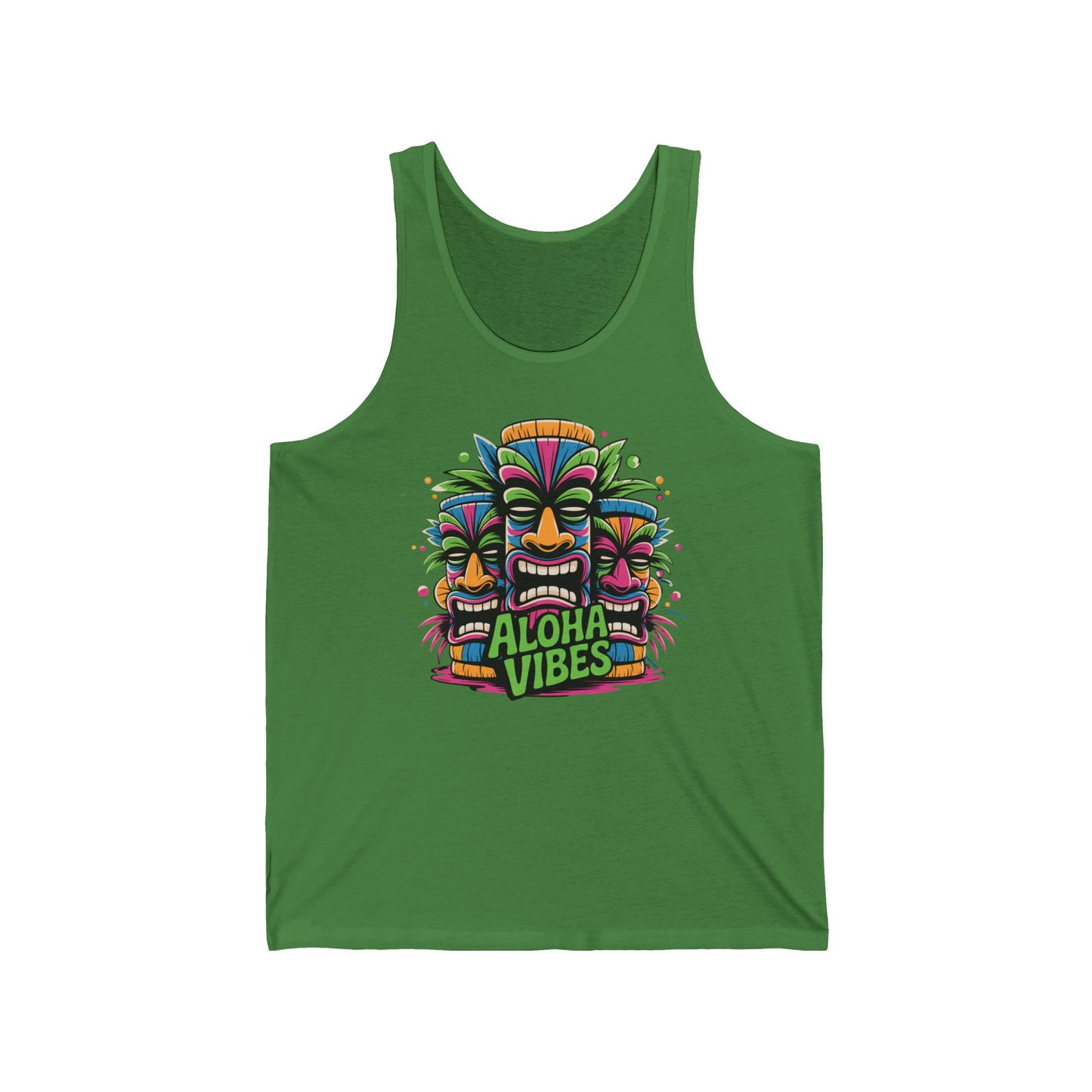 The Aloha Vibes Unisex Jersey Tiki Tank Top features three colorful tiki masks and bold Aloha Vibes lettering—perfect for tropical summer style at festivals or beach outings.