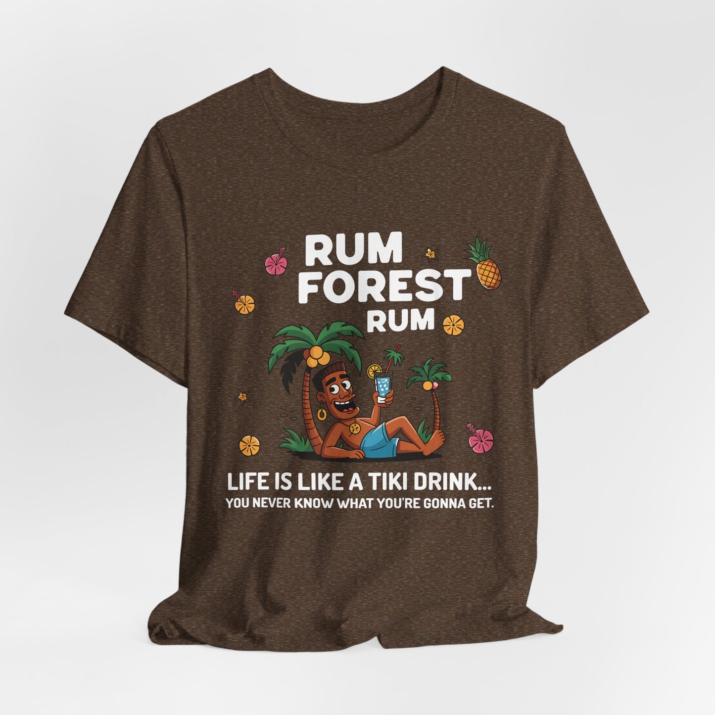 The Tiki Drink Inspired Unisex Short Sleeve Tiki T-Shirt features a cartoon tiki relaxing with a rum drink amid tropical scenes. Reads: RUM FOREST RUM and Life Is Like A Tiki Drink... You never know what you’re gonna get. Perfect beachwear!.