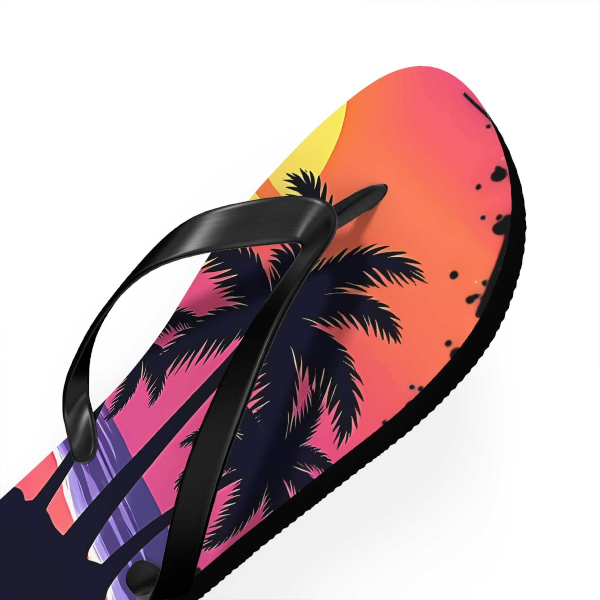 The Tropical Sunset Flip Flops - Beach Vibes Sandals for Summer Fun feature black straps and a vibrant palm tree silhouette against an orange, pink, and yellow sunset—perfect summer footwear for beach trips.