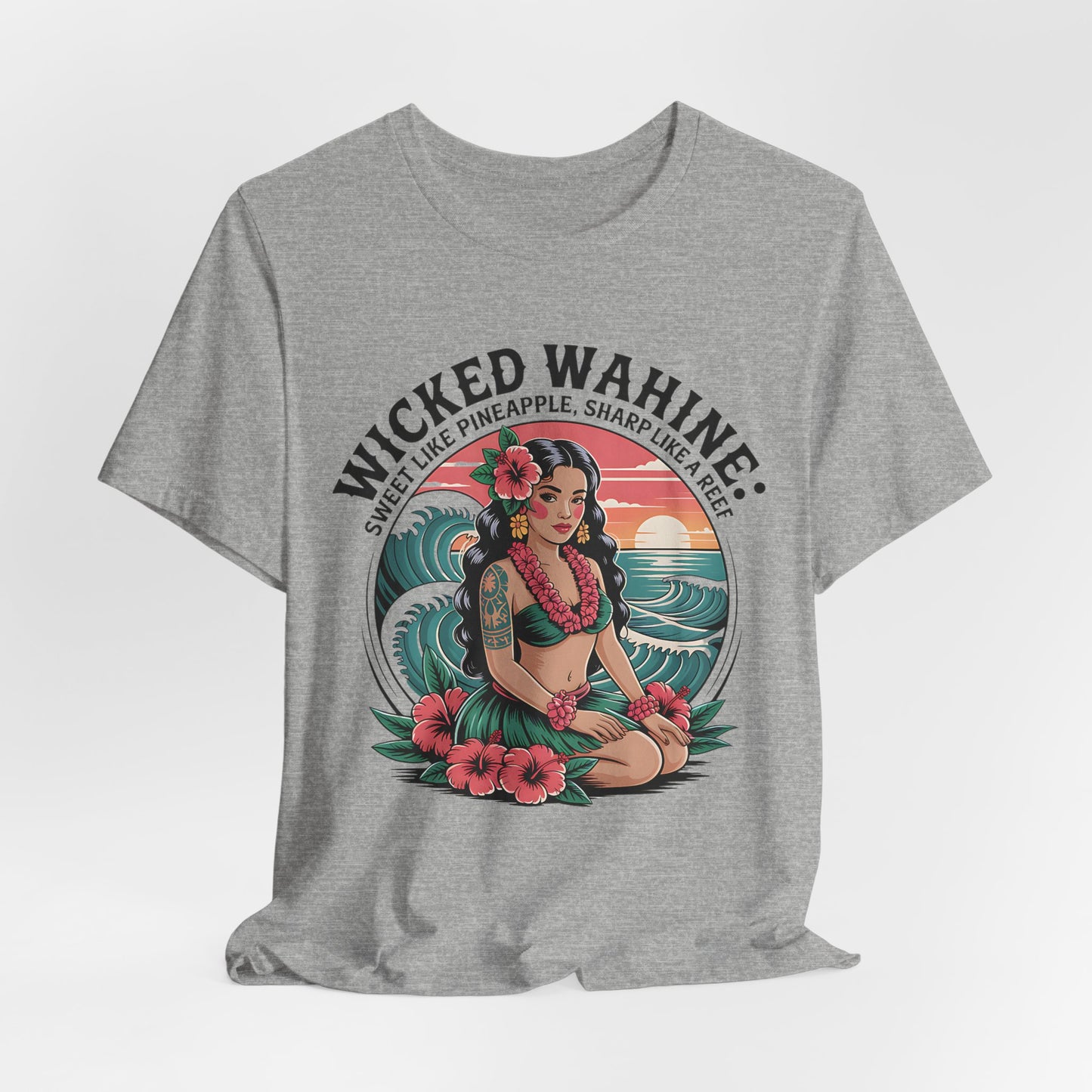 The Wicked Wahine Unisex Jersey T-Shirt - Chill Vibes & Ocean Spirit features a Hawaiian-style woman with flowers, waves, and a sunset—perfect for beach days. Celebrate island vibes: “Sweet like pineapple, sharp like a reef.”.