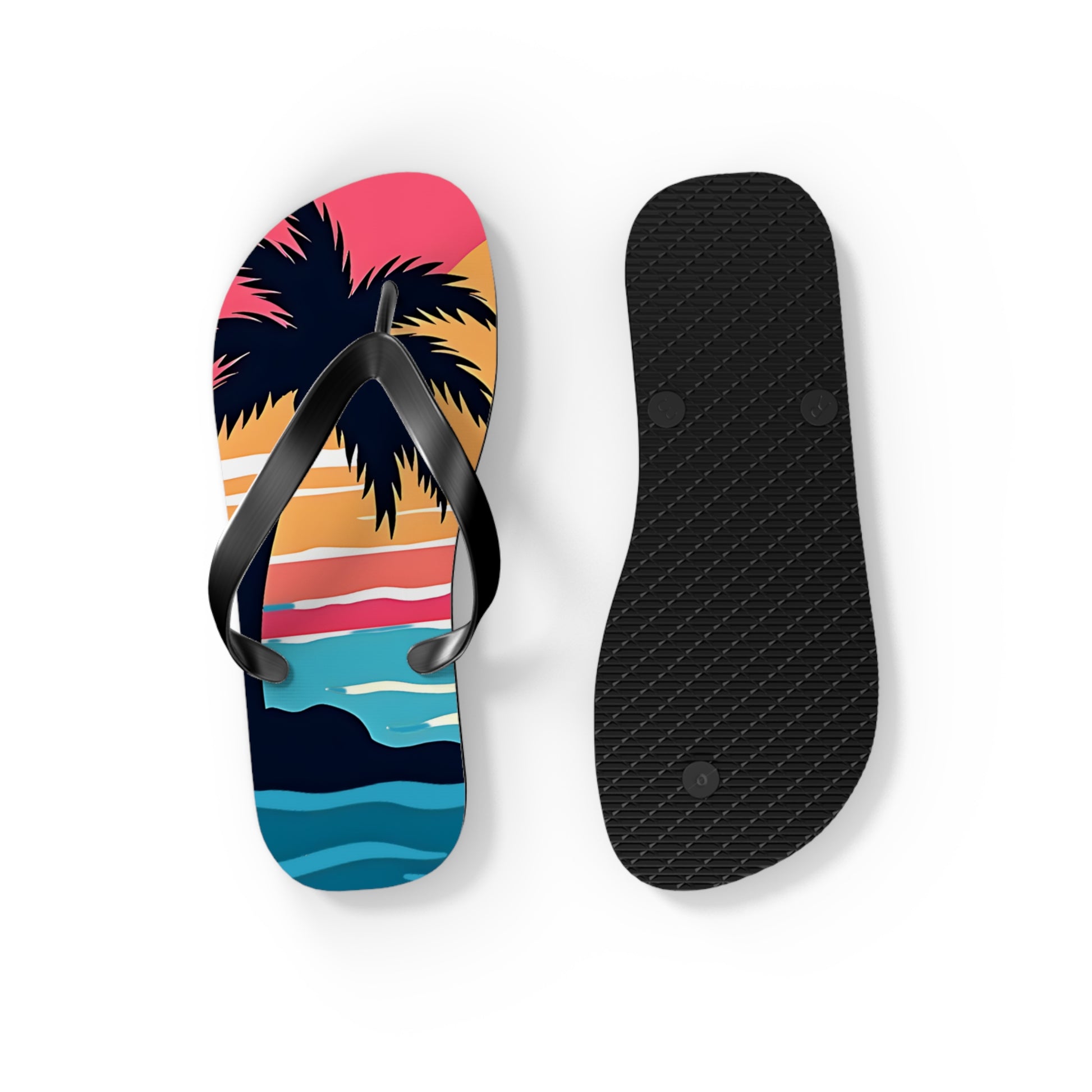 Step into summer with the Tropical Sunset Flip Flops | Beach Vibes Sandals—one features a vibrant sunset beach scene with palm trees, while the other has a classic black sole. Perfect for completing your beach-ready look!.