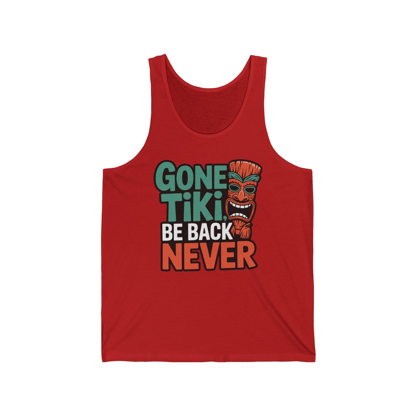 The Gone Tiki Unisex Jersey Tank features bold Gone Tiki Be Back Never text and an orange tiki face—ideal for summer vacation vibes at beach or pool parties.