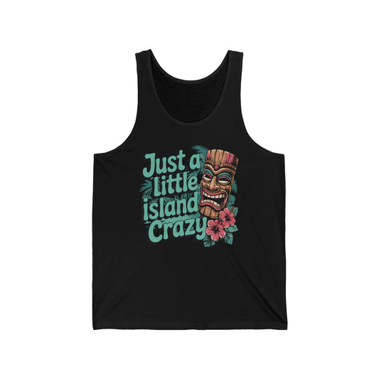 The Just a Little Island Crazy - Tropical Vibe Unisex Jersey Tank features a colorful tiki mask, green leaves, and pink hibiscus—perfect for adding island flair to your summer wardrobe.
