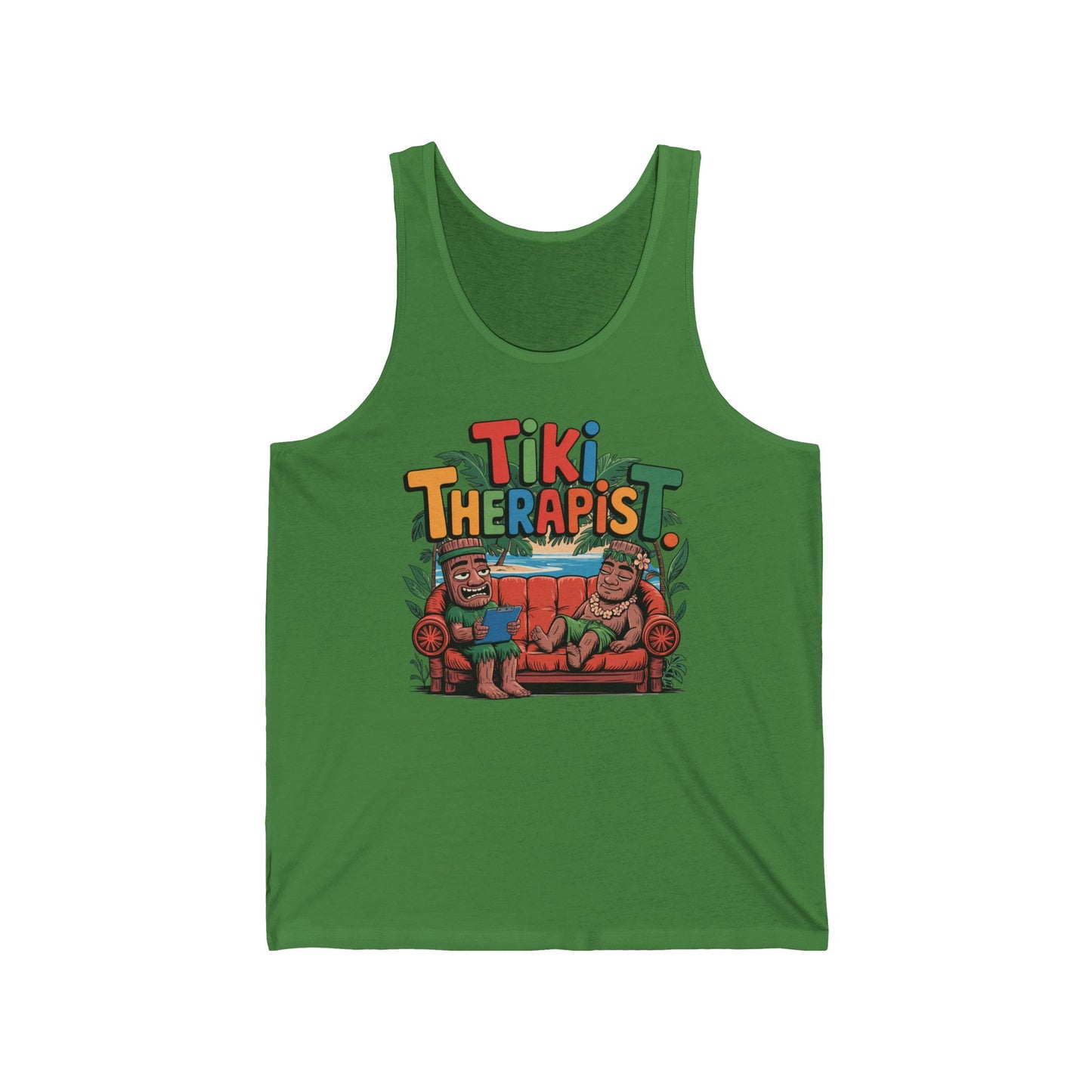 The Tiki Therapist Unisex Jersey Tiki Tank Top features a vibrant design of two cartoon Tikis on a couch—one as the therapist—with playful, multicolored Tiki Therapist text, all on a comfy cotton-blend tank for fun summer vibes.