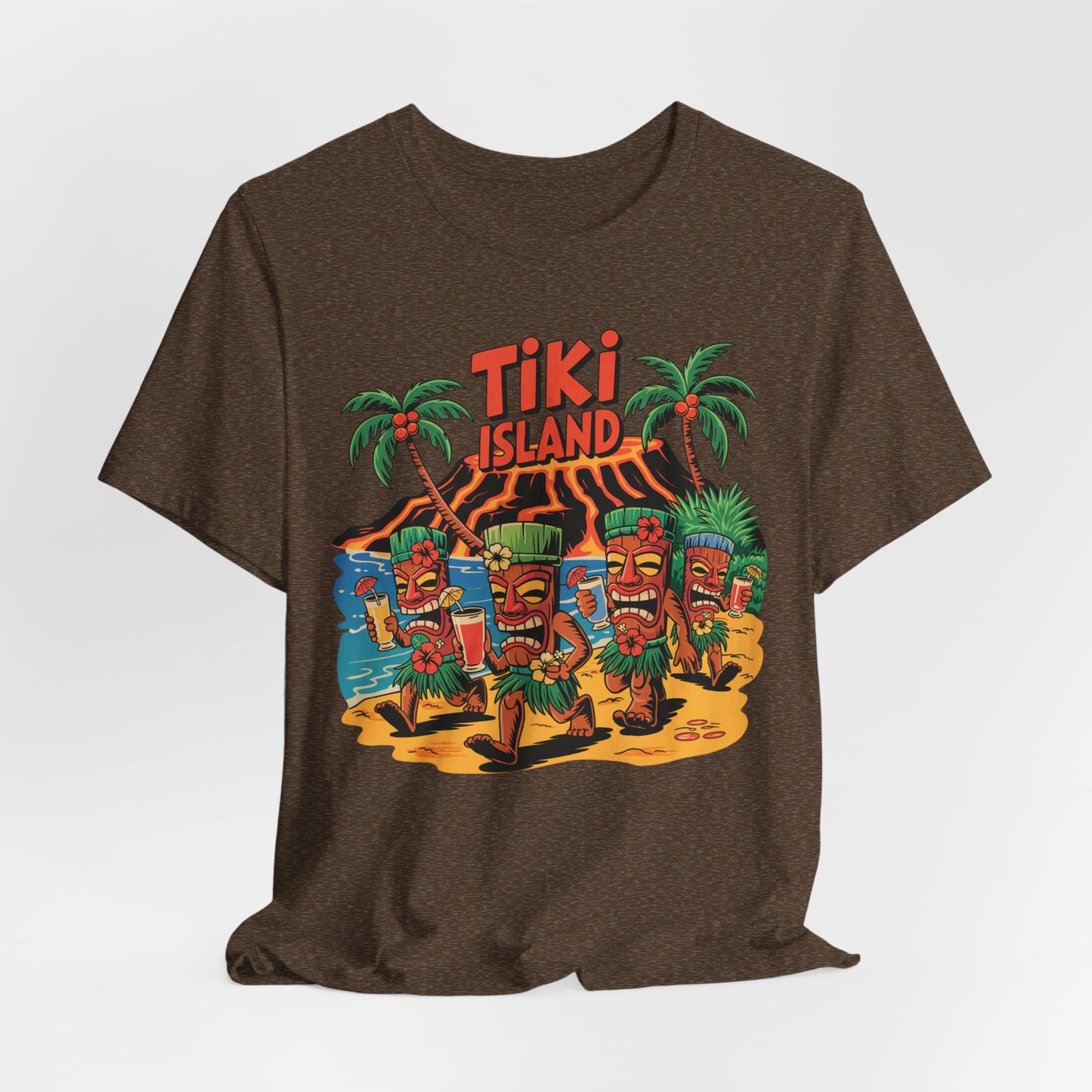 The Tiki Island Short Sleeve Tiki T-Shirt showcases vibrant tiki figures, palm trees, and a volcano—ideal for summer celebrations or adding beach vibes to your look.