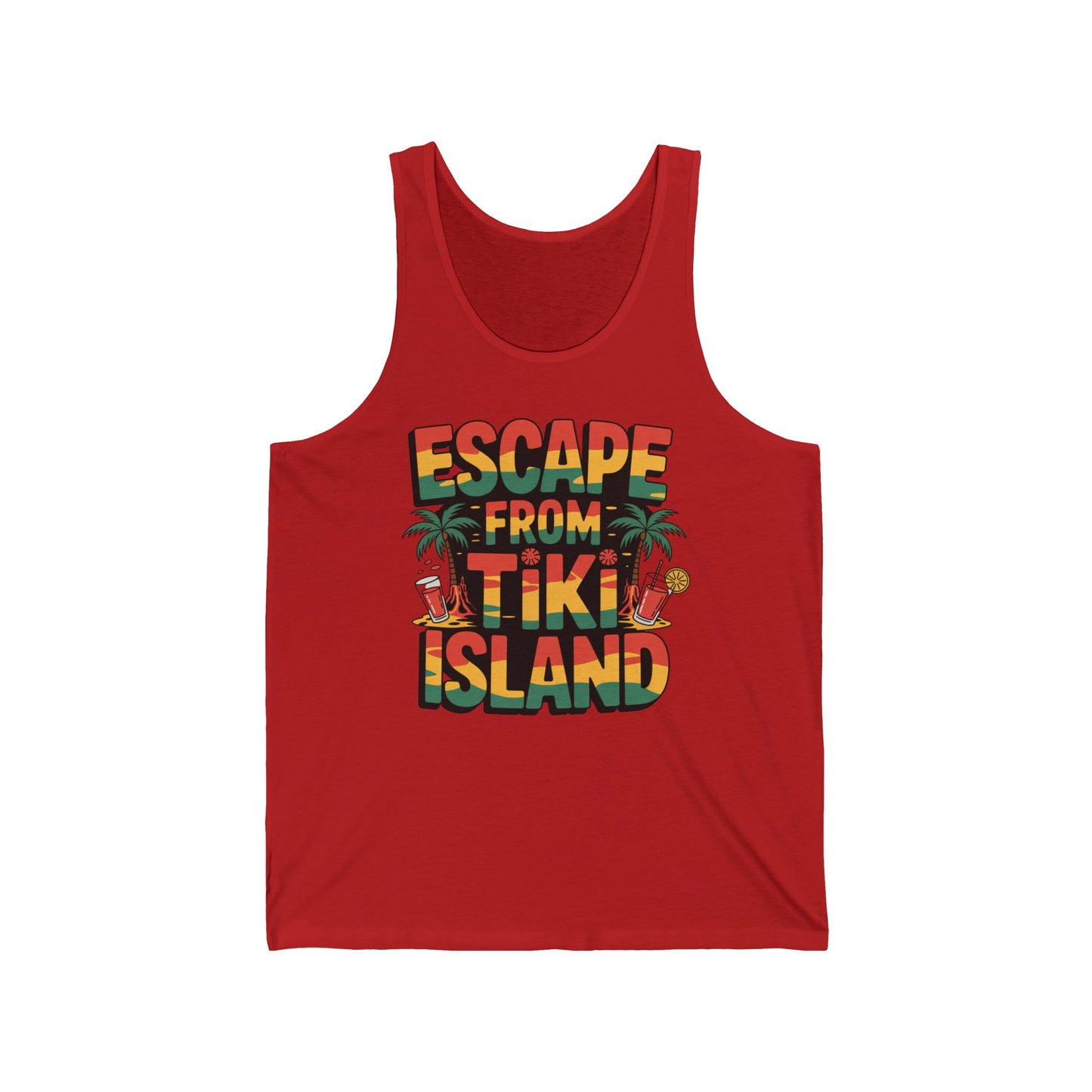 The Escape from Tiki Island Unisex Jersey Tiki Tank Top features bold, colorful text, palm trees, tropical drinks, and a pineapple—perfect for summer vibes and beach days.