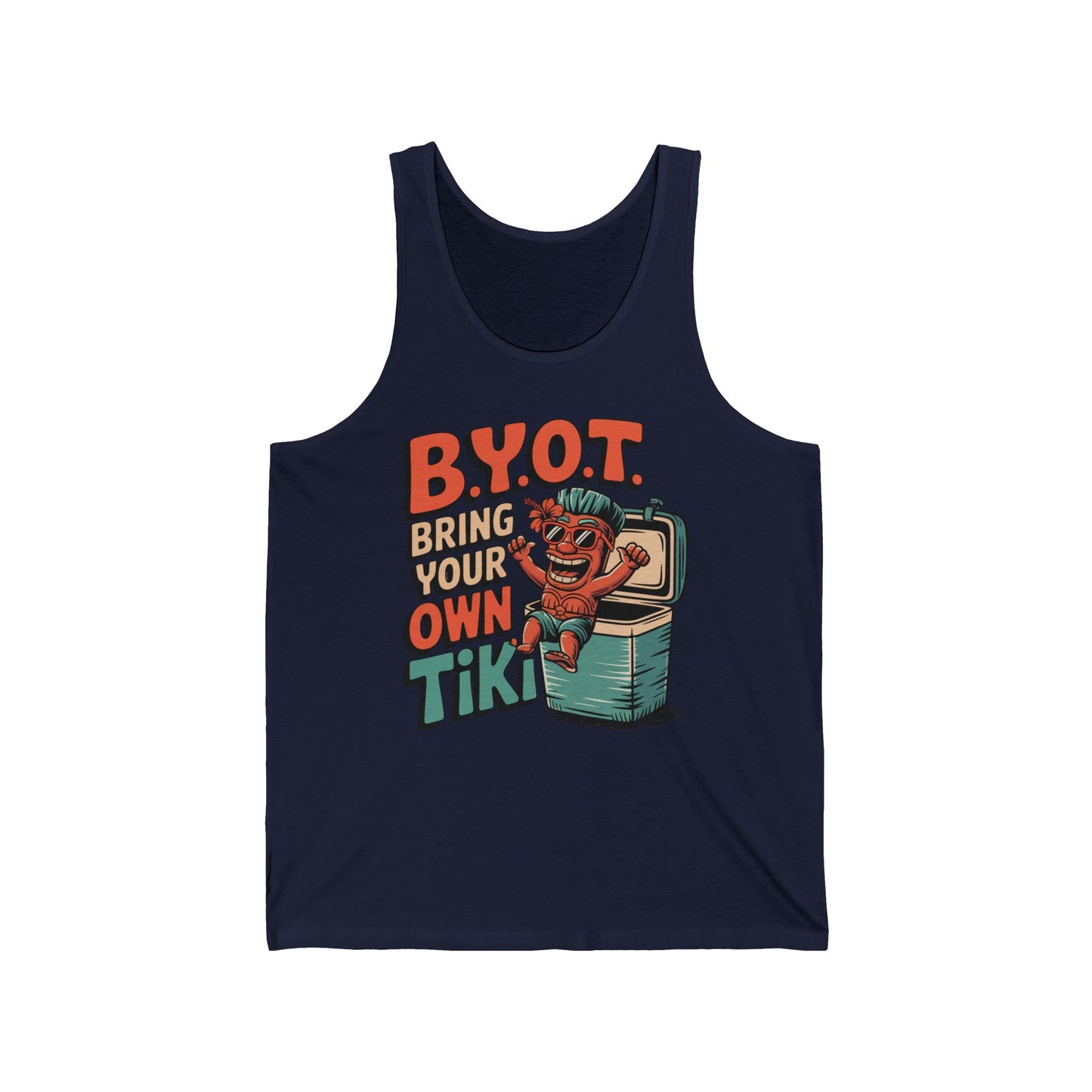 The Tiki Themed Unisex Jersey Tank showcases a cartoon tiki popping out of a cooler with bold B.Y.O.T. Bring Your Own Tiki text—perfect for summer events and those who love trendy, playful styles.