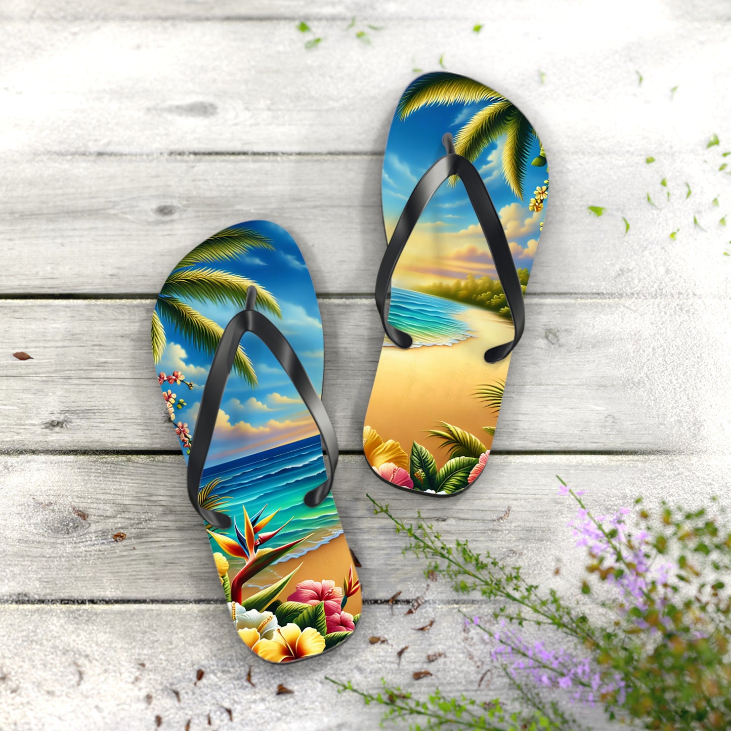 Tropical Paradise Flip Flops - Beach Vibe Sandals with Palm Trees & Ocean Scene