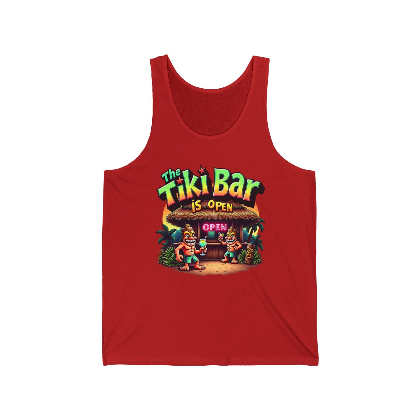 The Tiki Bar Unisex Jersey Tiki Tank Top features a colorful tiki hut, neon “The Tiki Bar is Open” text, dancing tiki statues, palm trees, an “OPEN” sign, and is made from lightweight fabric—perfect fun summer style for beach lovers.