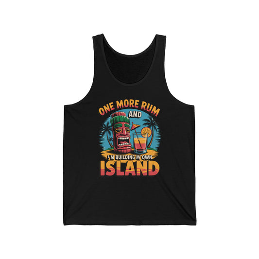 The Tropical Building My Own Island Tank Top is a black unisex jersey with a tiki face, rum cocktail, palm trees, and the phrase “One more rum and I’m building my own island.” Lightweight for comfort—perfect for summer vacations and beach parties.