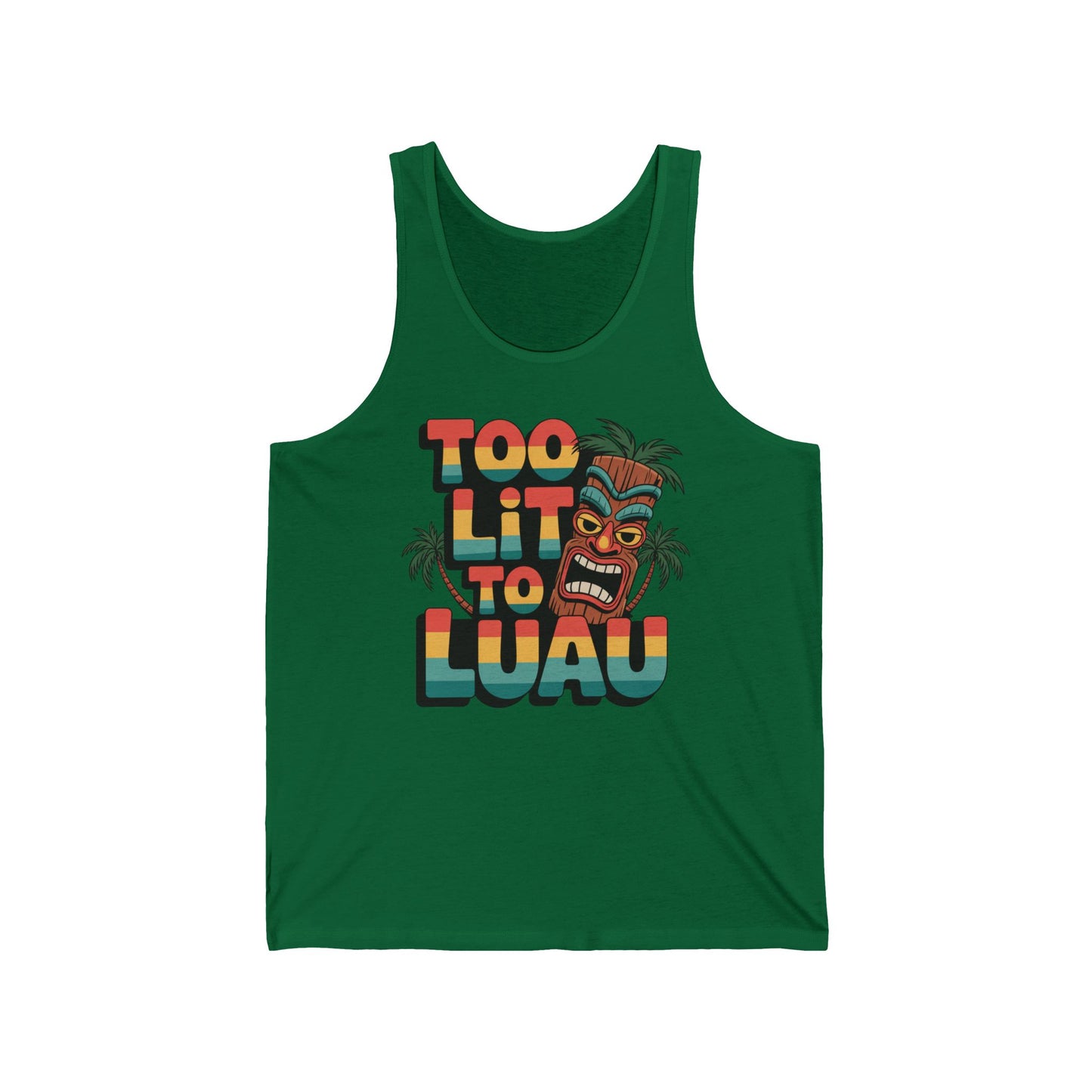 Stay stylish this summer with the Tropical Tank Top - Too Lit to Luau Unisex Jersey Tank, featuring bold, colorful lettering with tiki mask and palm tree graphics for ultimate comfort and a vibrant look.