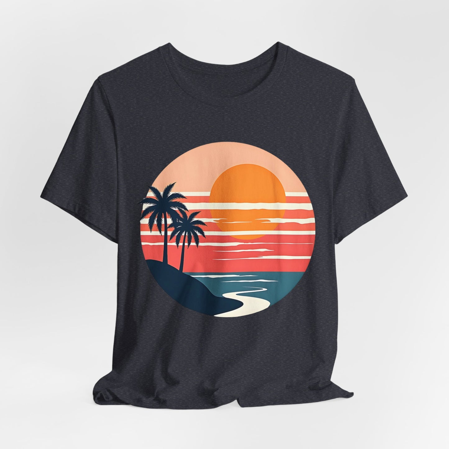 The Sunset Serenity Unisex Jersey Short Sleeve T-Shirt features a circular tropical sunset graphic with palm trees, an orange sun, and shoreline—ideal for beach lovers seeking vibrant, tropical vibes.
