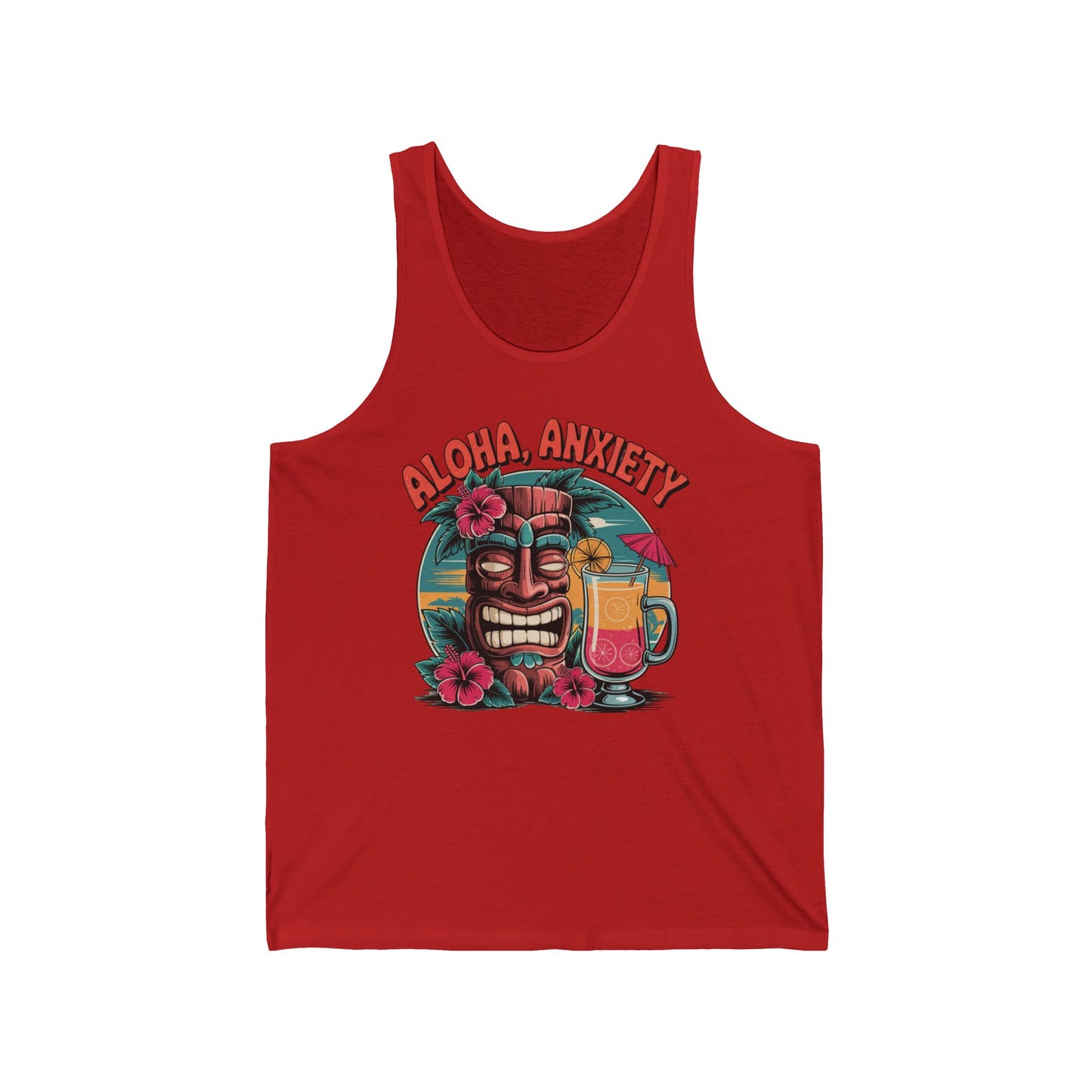 Stay cool in the Aloha Anxiety Unisex Jersey Tank—lightweight, breathable, and featuring a tiki mask with flowers, a tropical drink, and beach scene under “Aloha, Anxiety.” Perfect for relaxed summer vibes and laid-back style.