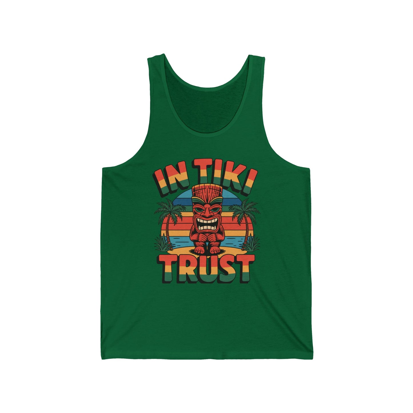 The Tiki Trust Tank is a green tank top showcasing a vibrant tiki statue, palm trees, and sunset, with IN TIKI TRUST in bold stylized letters above and below—perfect for beach days.
