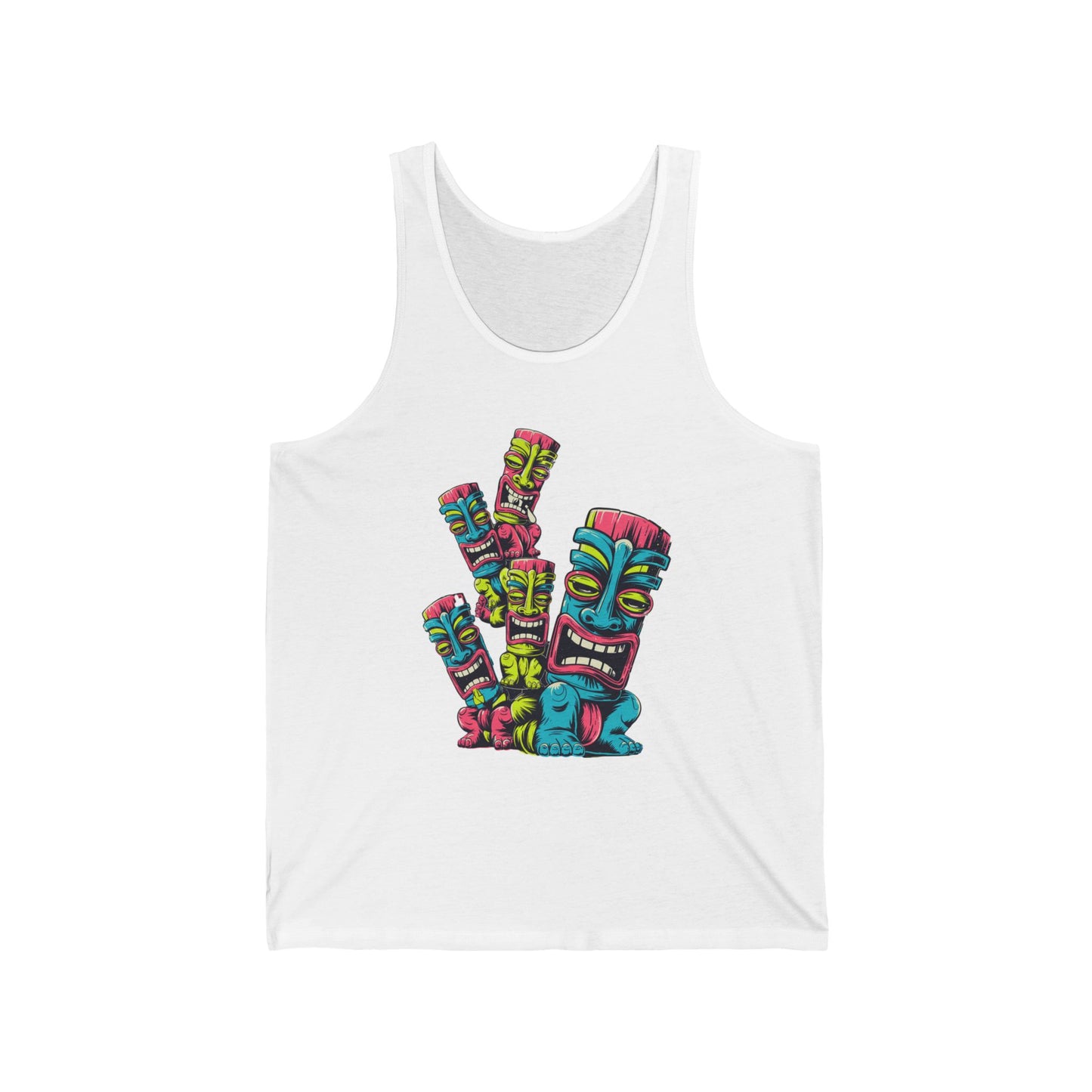Add vibrant energy to your summer wardrobe with the Colorful Tiki Unisex Jersey Tank Top, featuring a white base and four boldly expressed tiki faces in pink, blue, green, and yellow—perfect beachwear for a fun tropical vibe.