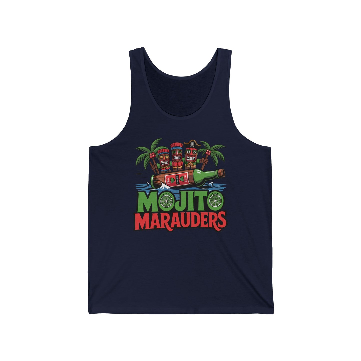 The Mojito Marauders Unisex Jersey Tiki Tank Top features a tropical design with tiki mugs, palm trees, and a lime. Lightweight and breathable, it’s perfect for summer style and comfort.