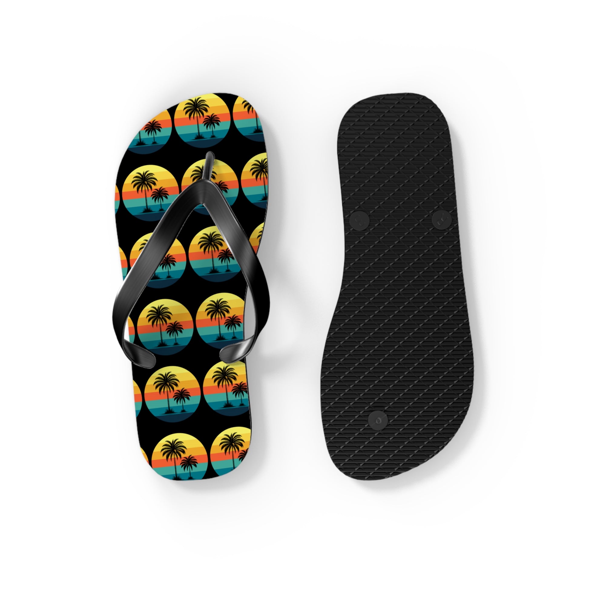 Perfect for beach lovers, the Tropical Sunset Flip Flops feature a vibrant sunset with palm trees on one sandal and a plain black sole on the other—an essential addition to your summer style.