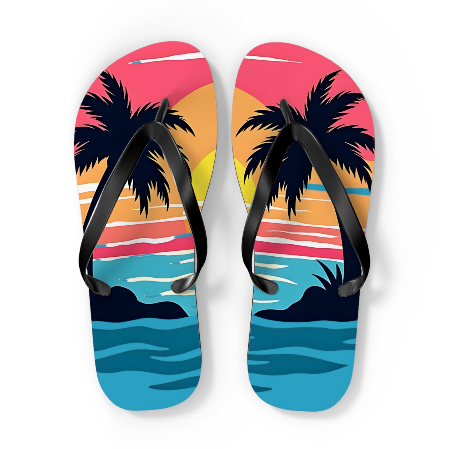 Perfect for beach lovers and summer outfits, the Tropical Sunset Flip Flops | Beach Vibes Sandals feature vibrant palm trees, a sunset, and island silhouettes over blue-orange water, with black straps contrasting against a crisp white base.