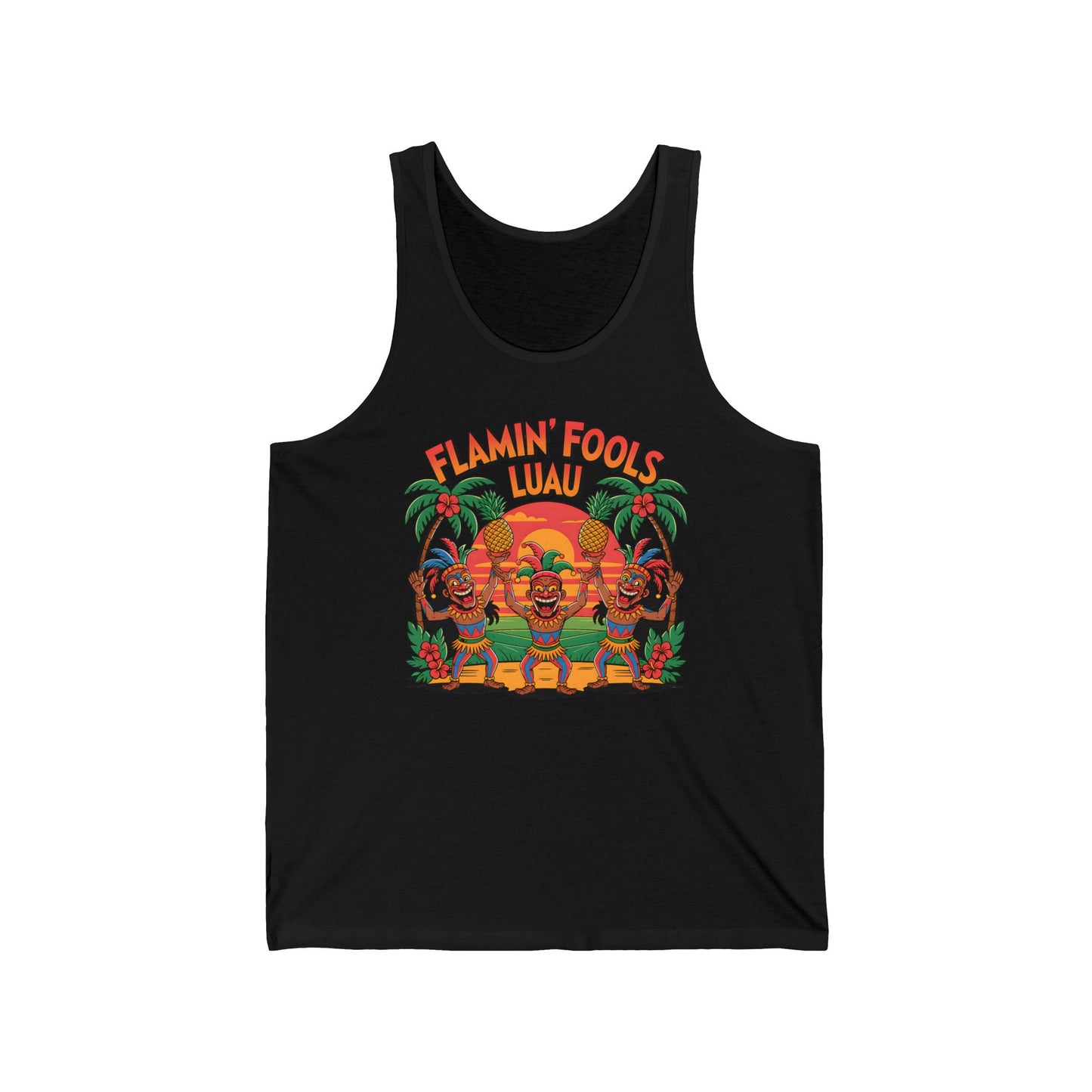 The Flamin Fools Luau Unisex Jersey Tiki Tank Top shows three tiki characters dancing at sunset with palm trees and tropical flowers under FLAMIN FOOLS LUAU—perfect for summer parties, beach outings, or adding flair to your wardrobe.