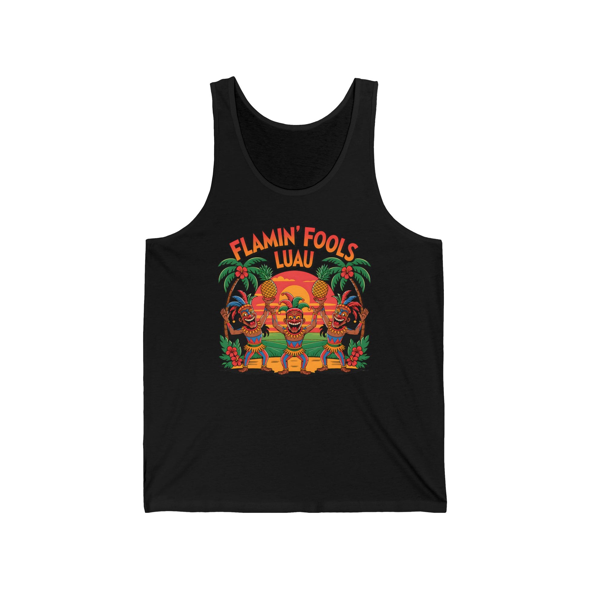 The Flamin Fools Luau Unisex Jersey Tiki Tank Top shows three tiki characters dancing at sunset with palm trees and tropical flowers under FLAMIN FOOLS LUAU—perfect for summer parties, beach outings, or adding flair to your wardrobe.