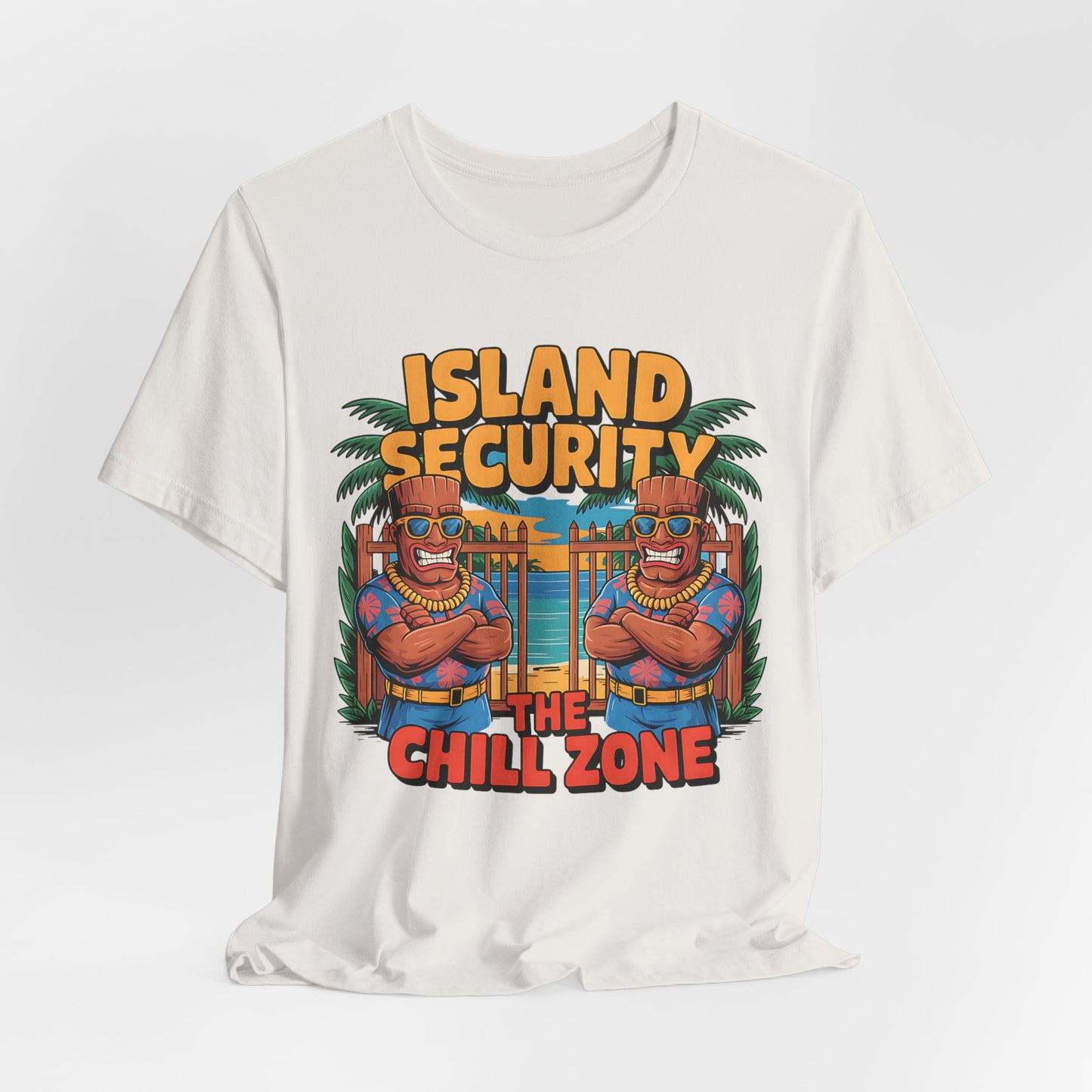 The Chill Zone Island Security Tiki T-Shirt features two muscular tiki statues in shirts and sunglasses, “Island Security The Chill Zone” text, palm trees, and a beach gate for laid-back tropical style.