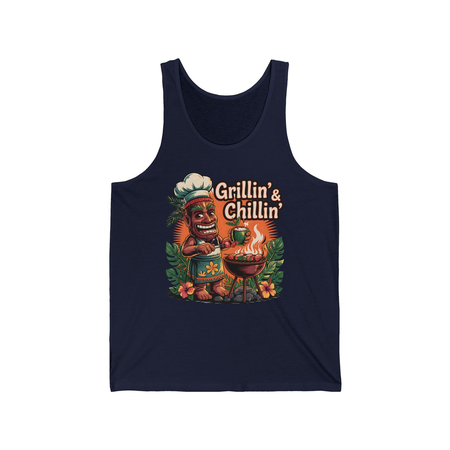 Grillin & Chillin Unisex Jersey Tiki Tank Top features a bold tiki chef grilling with tropical leaves and retro lettering—perfect for summer BBQs and parties.