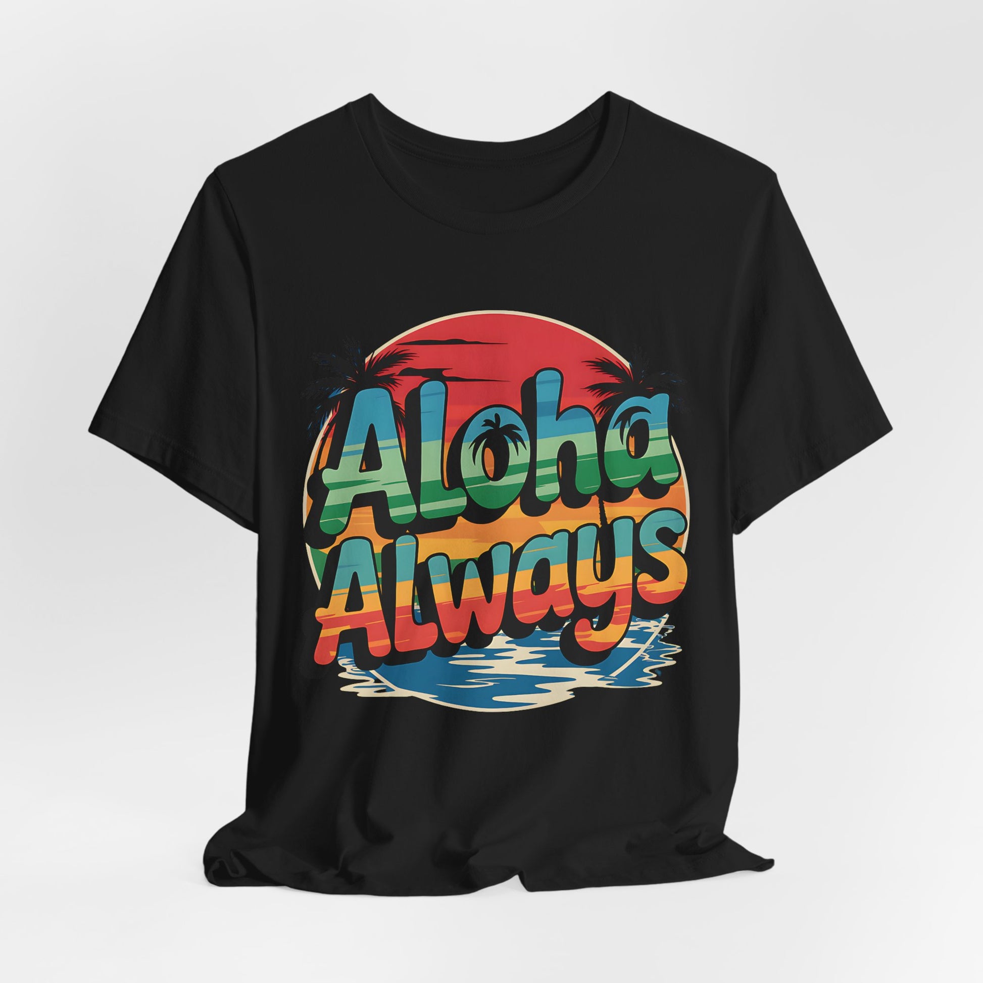 Short Sleeve Shirt for Beach Lovers features bold retro lettering with a sunset, palm tree, and water reflection—making it the ideal choice for anyone who loves the beach.