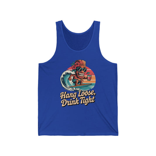 Add laid-back vibes to your summer style with the Hang Loose Drink Tight Unisex Jersey Tank, featuring a blue design with a smiling tiki surfing, sunglasses, a drink, and the fun “Hang Loose, Drink Tight” slogan.