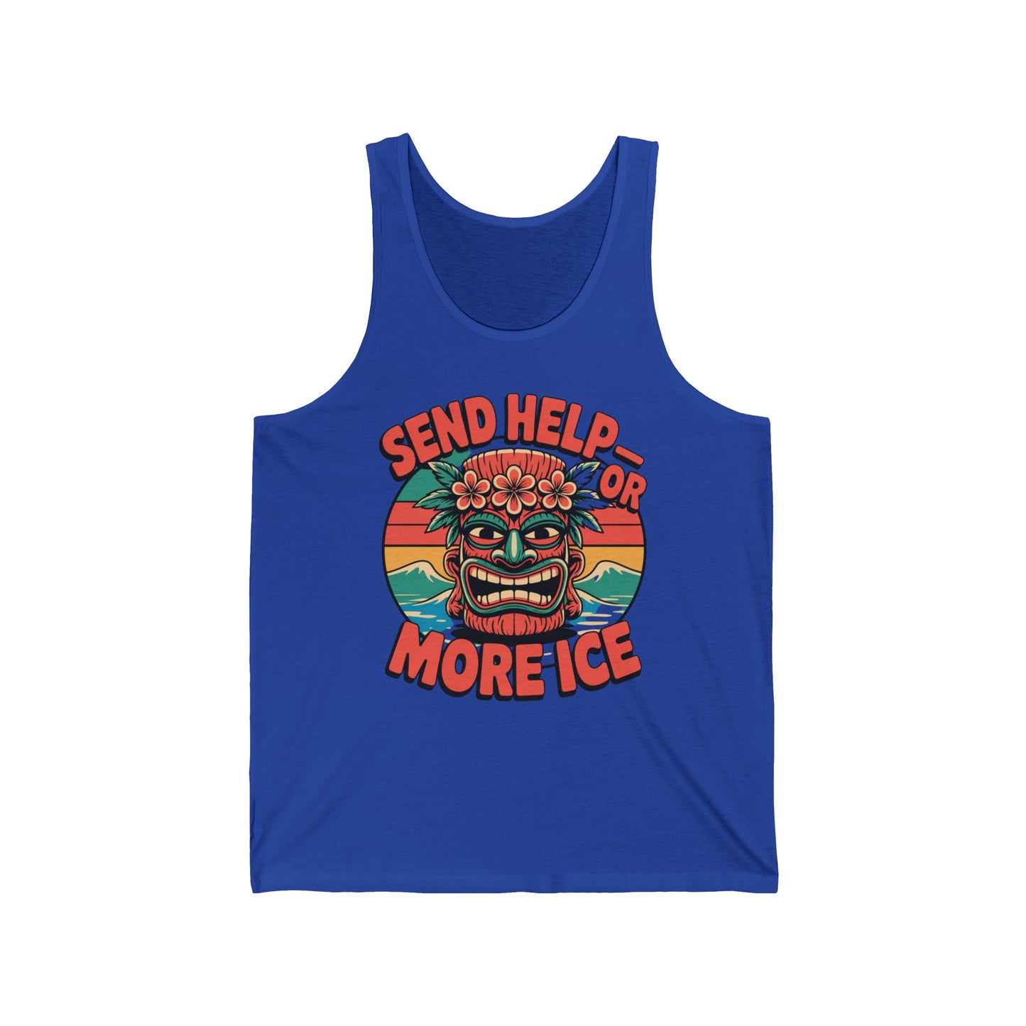 The Send Help or More Ice Summer Vibe Tiki Tank Top is a blue unisex jersey tank featuring a vibrant tiki mask with flowers, waves, and a sunset—perfect for upgrading your summer wardrobe.
