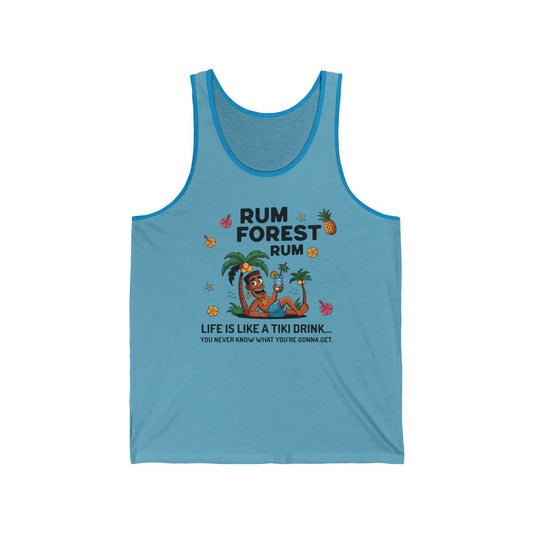 The Rum Forest Jersey Tiki Tank Top - Life is Like a Tiki Drink features a light blue unisex design with a tropical cartoon of a man lounging in a coconut drink. Made from lightweight, comfortable fabric—perfect for carefree days.