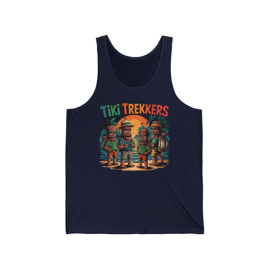 The Tiki Trekkers Unisex Jersey Tiki Tank Top features four explorer-inspired tiki characters with palm trees and a sunset, making it perfect for summer adventures, music festivals, and beach days.