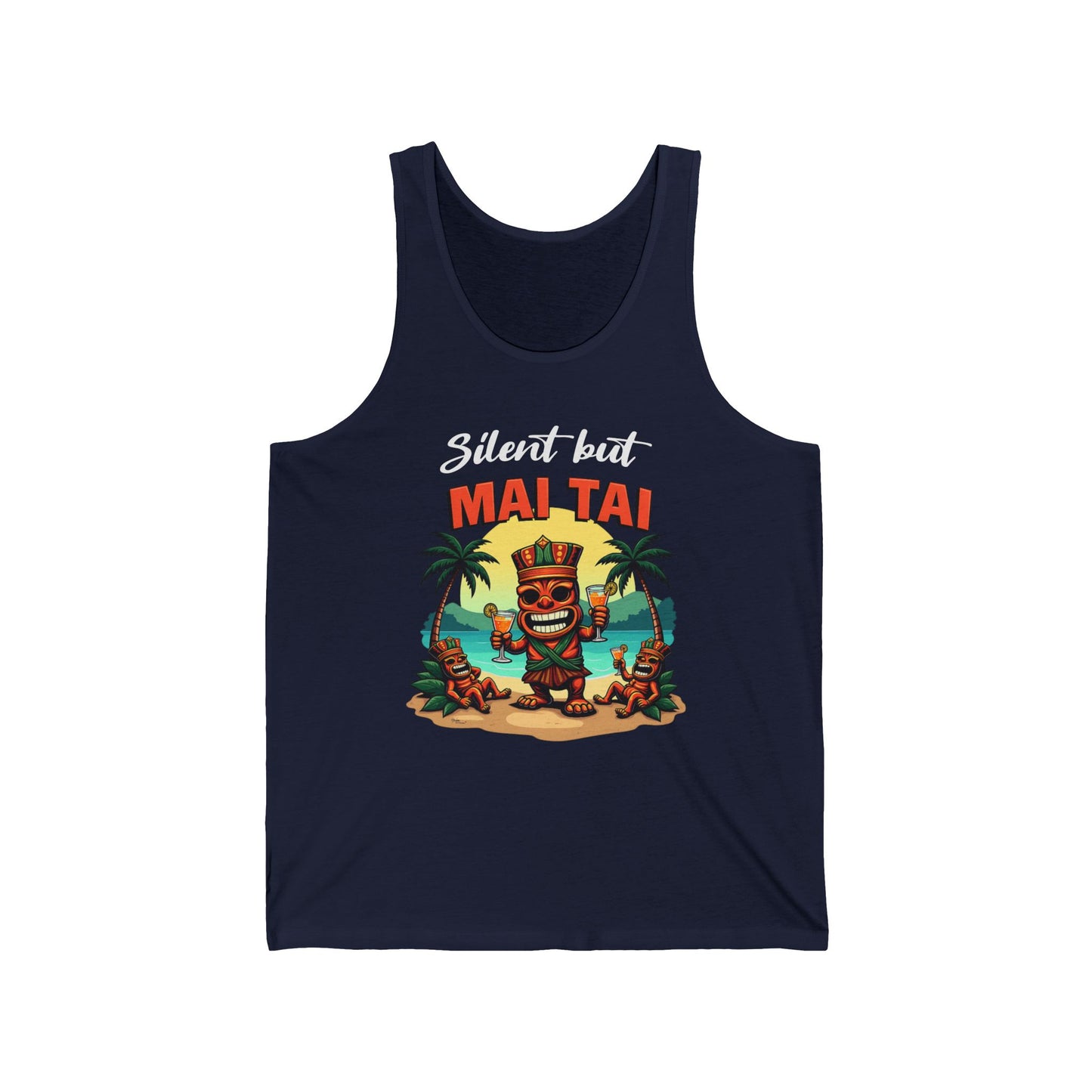 The Silent but Mai Tai Unisex Jersey Tiki Tank Top features a tiki holding drinks on a palm-lined beach, with Silent but MAI TAI in white and orange. Perfect tropical vibe for summer parties or luau celebrations.