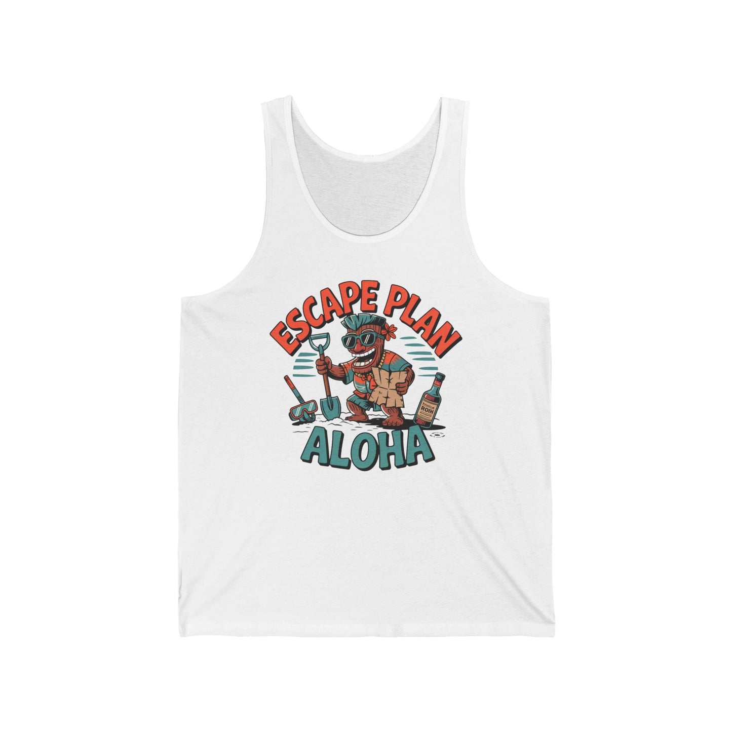 The Aloha Escape Plan Unisex Jersey Tiki Tank Top features a cartoon tiki with sunglasses and a drink, tropical accents, and bold Escape Plan Aloha text. Crafted from breathable fabric—perfect for your summer adventures.