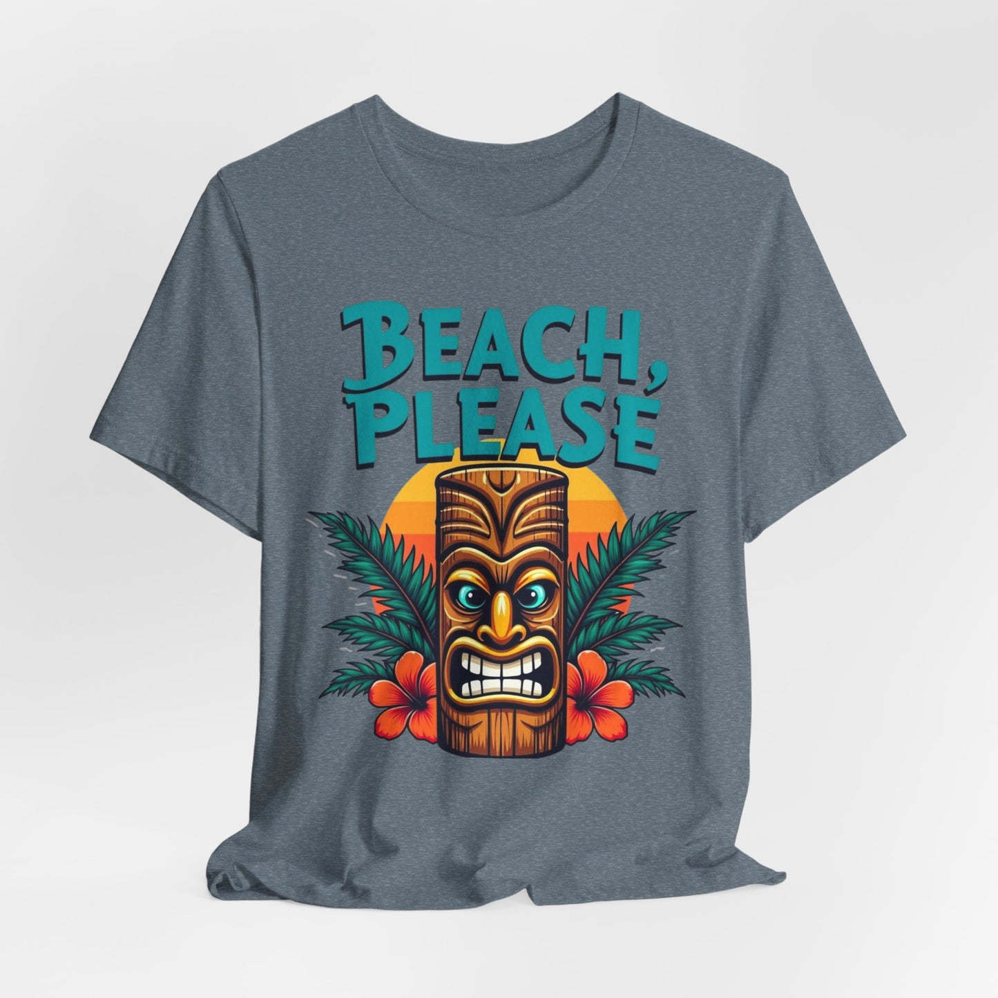The Beach Please Unisex Short Sleeve Tiki T-Shirt features a colorful tiki mask, palm leaves, red hibiscus, and a sunset backdrop with “Beach Please” in bold turquoise—perfect for summer vibes and relaxed beach days.